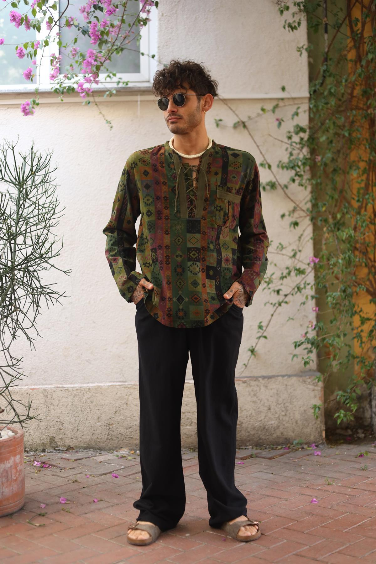 Khaki Printed Lace-Up Collar Men's Shirt