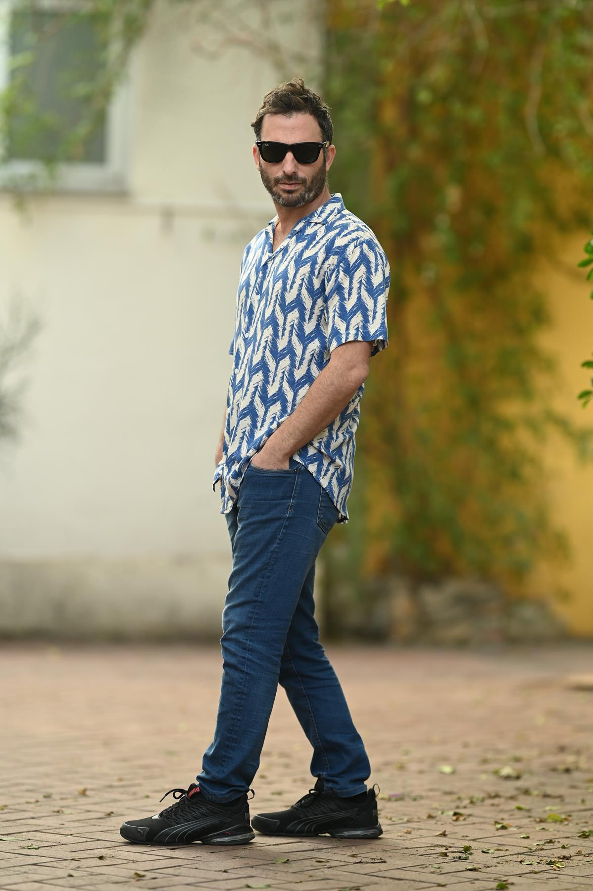 Indigo Blue Patterned Short Sleeve Men's Shirt