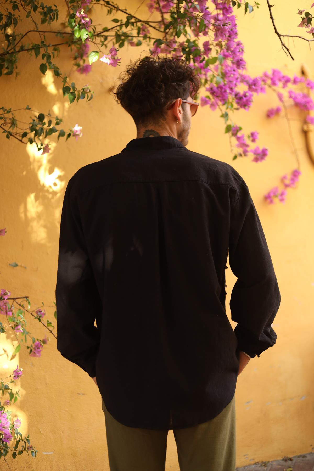 Black Men's Shirt with Large Pockets and Tassels