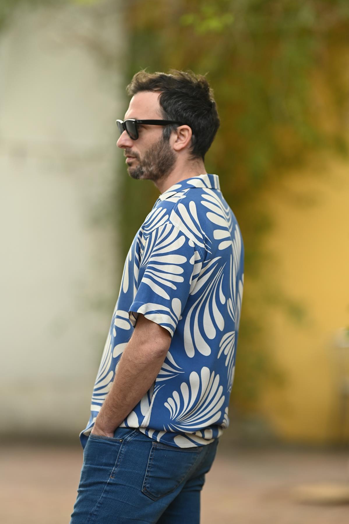 Indigo Blue Patterned Short Sleeve Men's Shirt