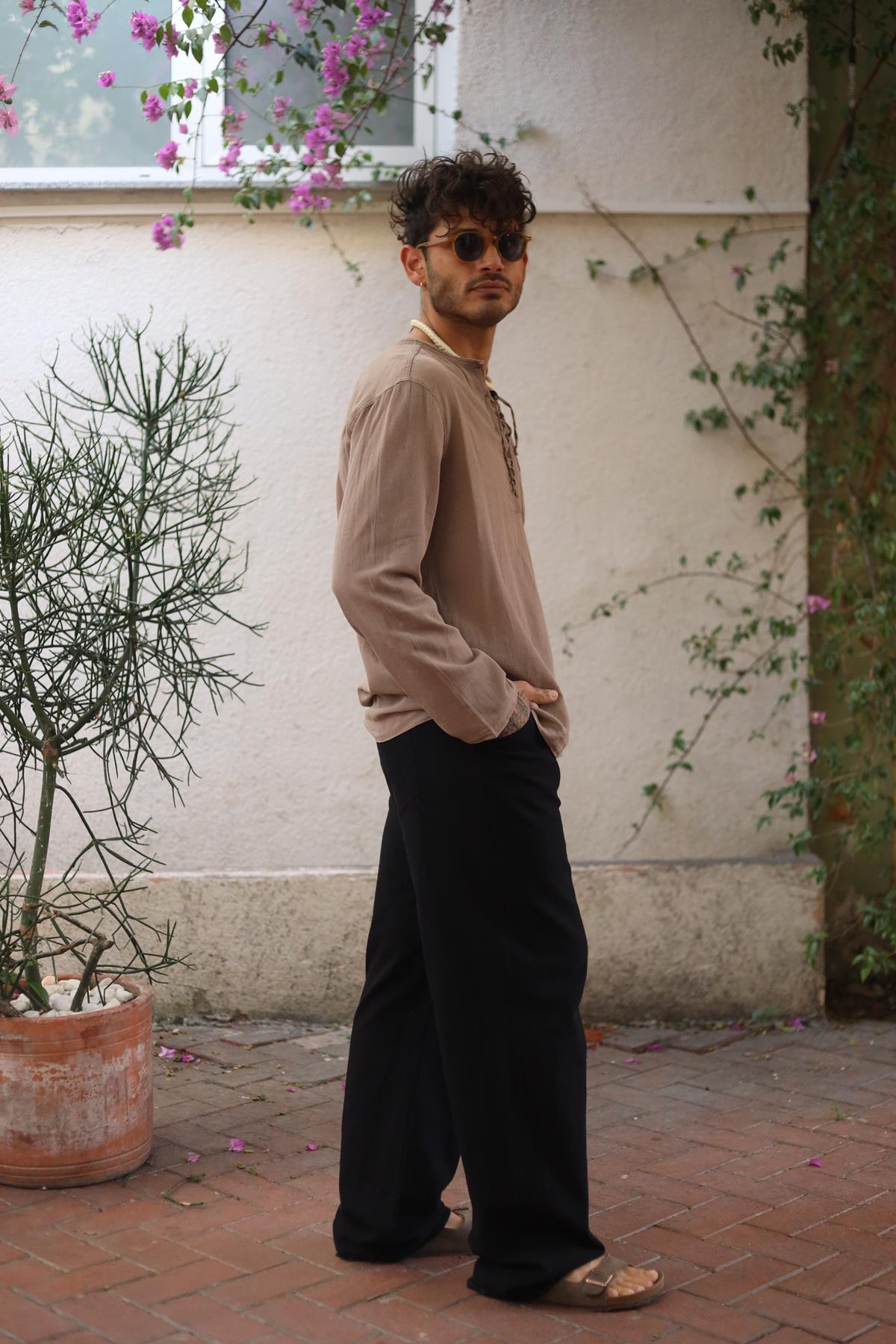 Mink Color Lace-Up Bohemian Men's Shirt