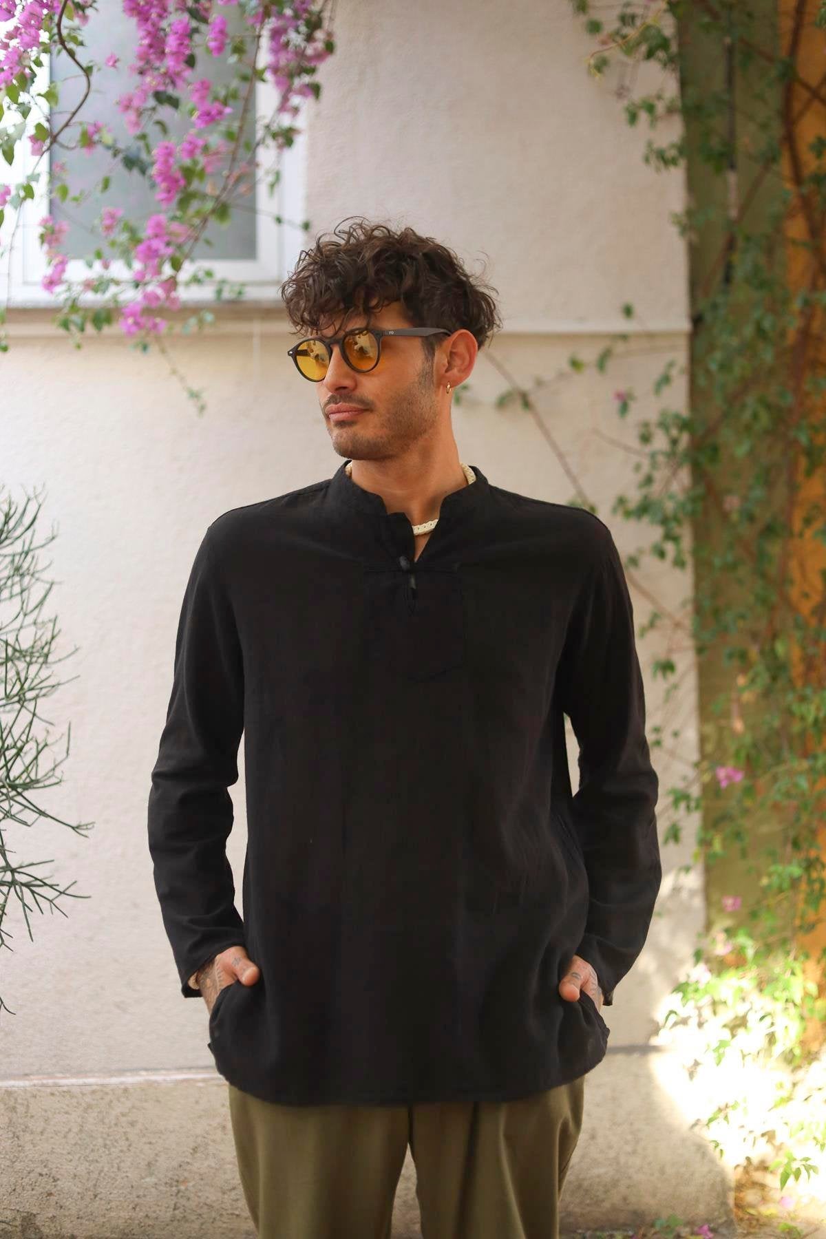 Black Casual Long Sleeve Henley Shirt with Band Collar