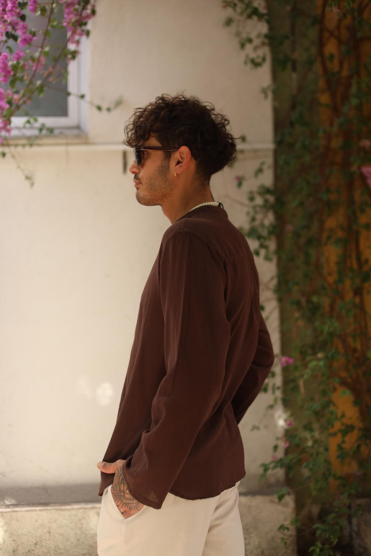 Brown Mandarin Collar Button Detailed Men's Shirt