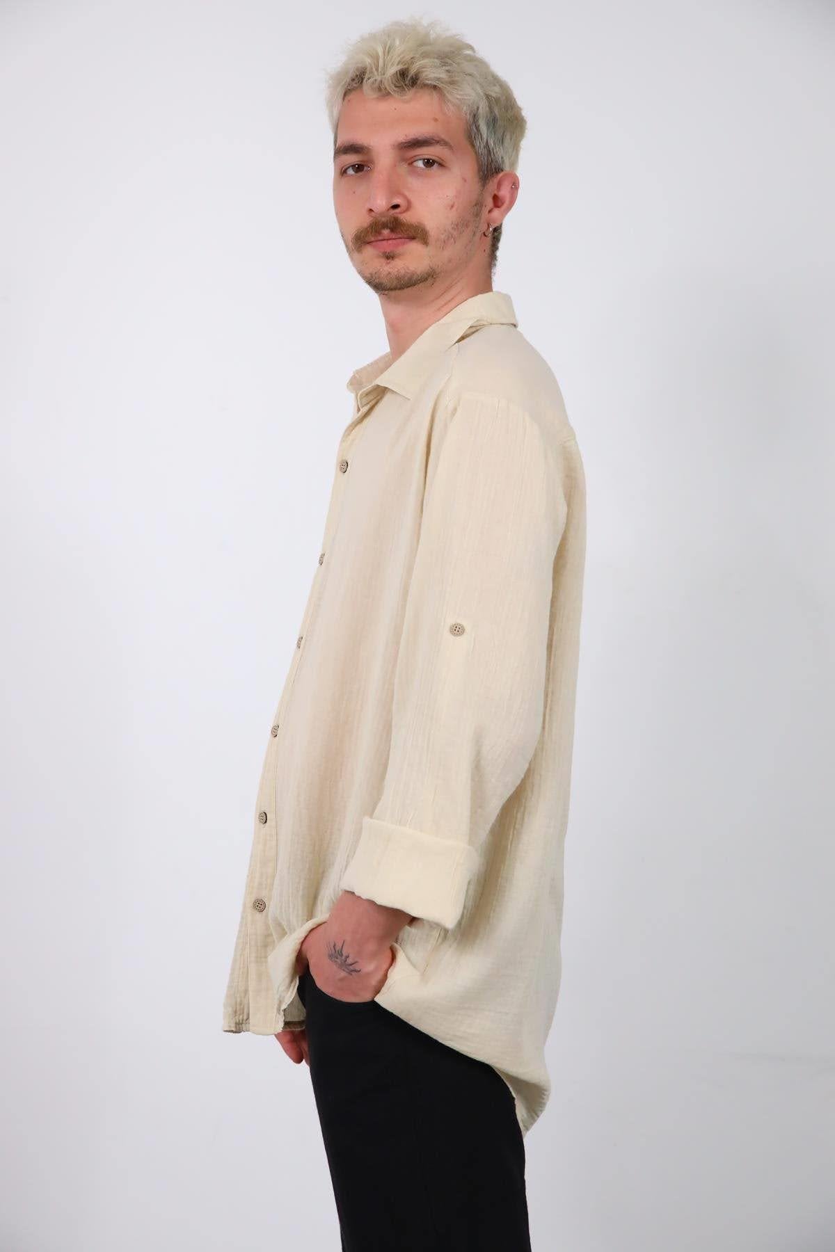Cream Colored Men's Muslin Shirt with Epauletted Sleeves