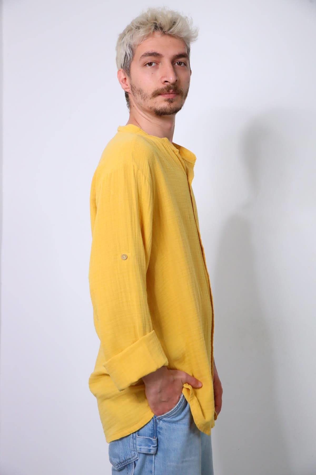 Yellow Mandarin Collar Muslin Shirt