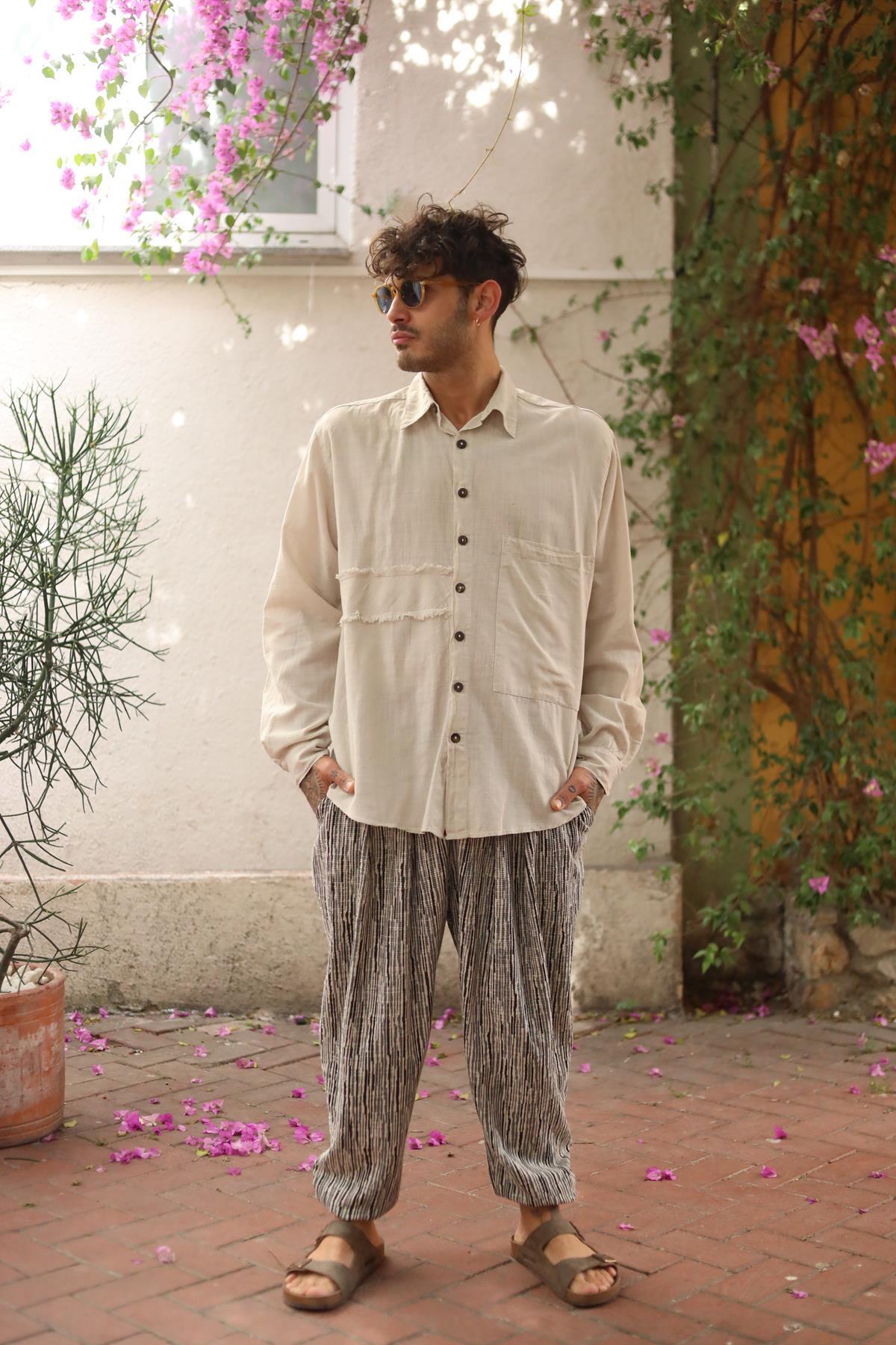 Beige Large Pocket Tasseled Patchwork Men's Shirt