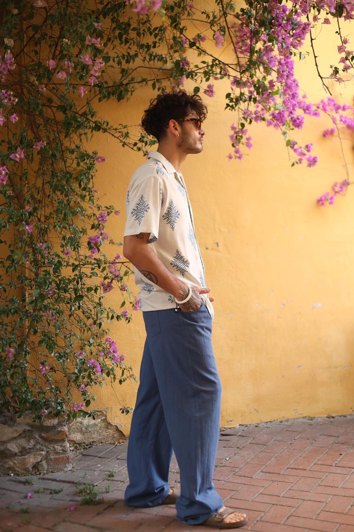 Stone Color Patterned Short Sleeve Men's Shirt