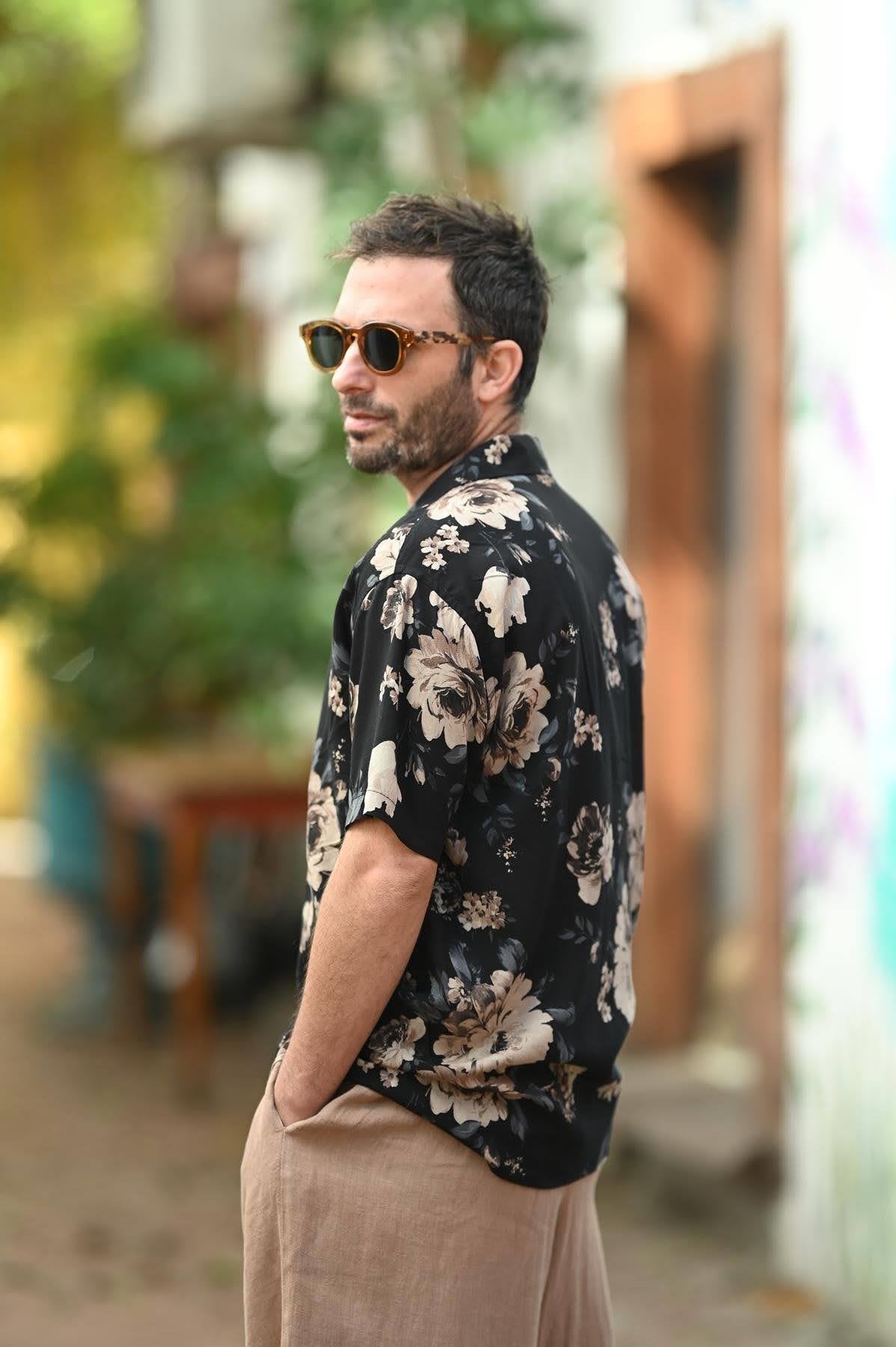 Black Patterned Short Sleeve Men's Shirt