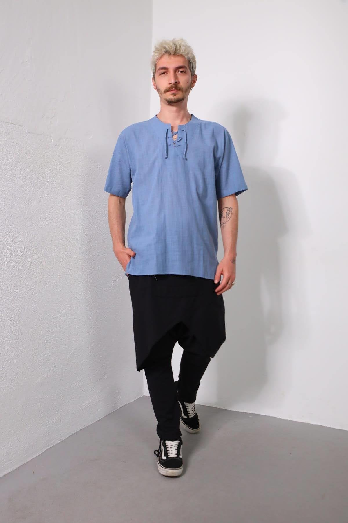 Indigo Blue Lace-Up Collar Slit Short Sleeve Men's Shirt
