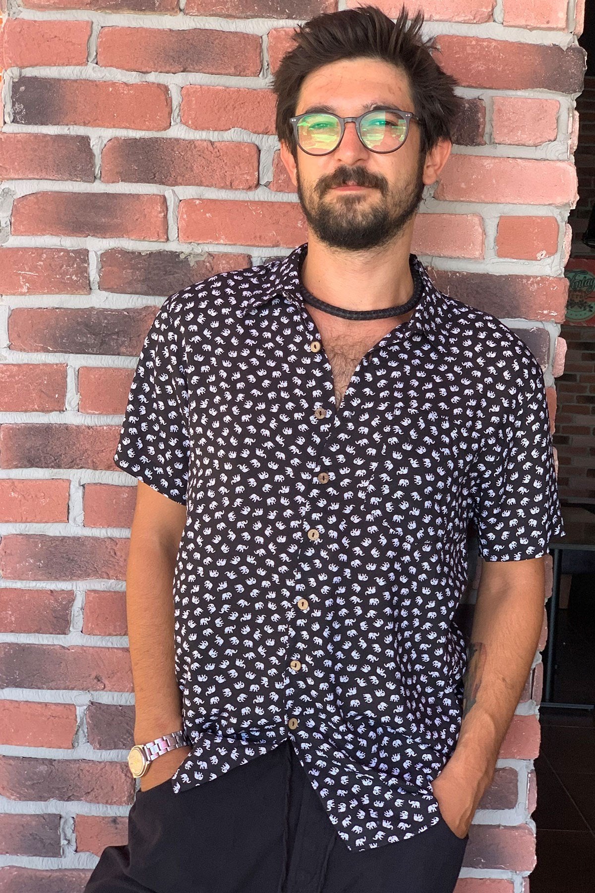 Elephant Pattern Short-Sleeved Shirt