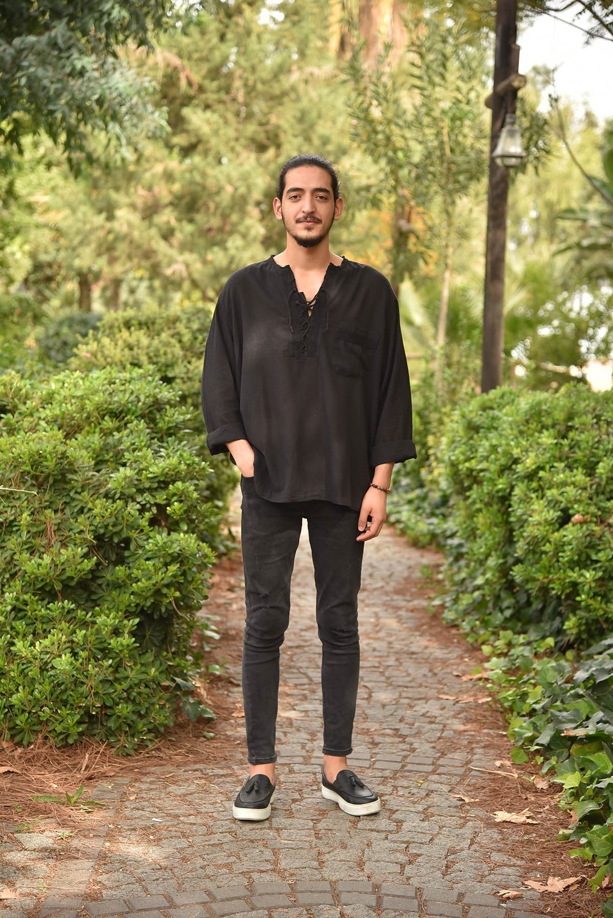 Black Bohemian Men's Shirt with Lace-Up Collar