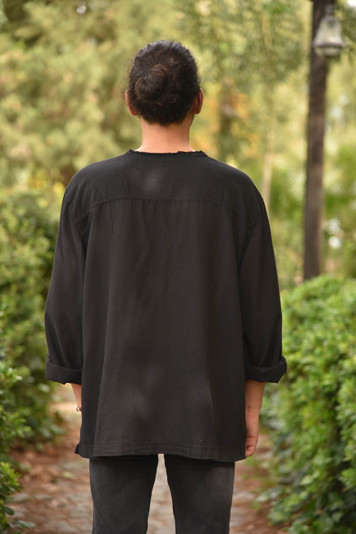 Black Bohemian Men's Shirt with Lace-Up Collar