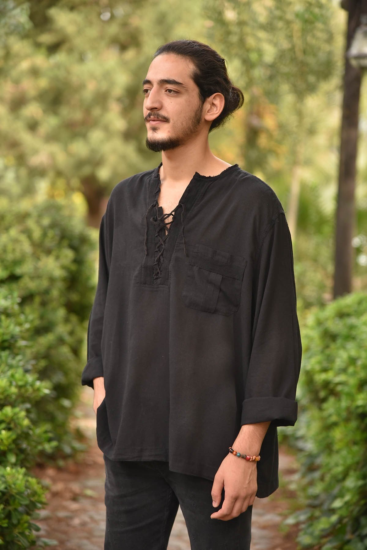 Black Bohemian Men's Shirt with Lace-Up Collar