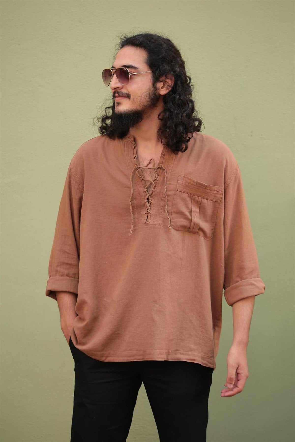 Light Brown Lace-Up Bohemian Men's Shirt