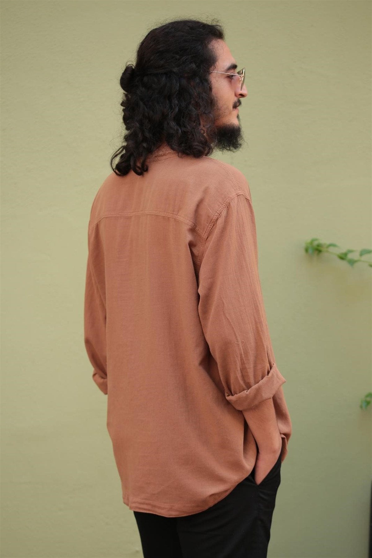 Light Brown Lace-Up Bohemian Men's Shirt