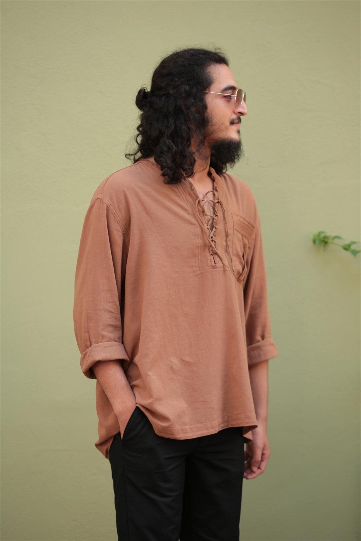 Light Brown Lace-Up Bohemian Men's Shirt