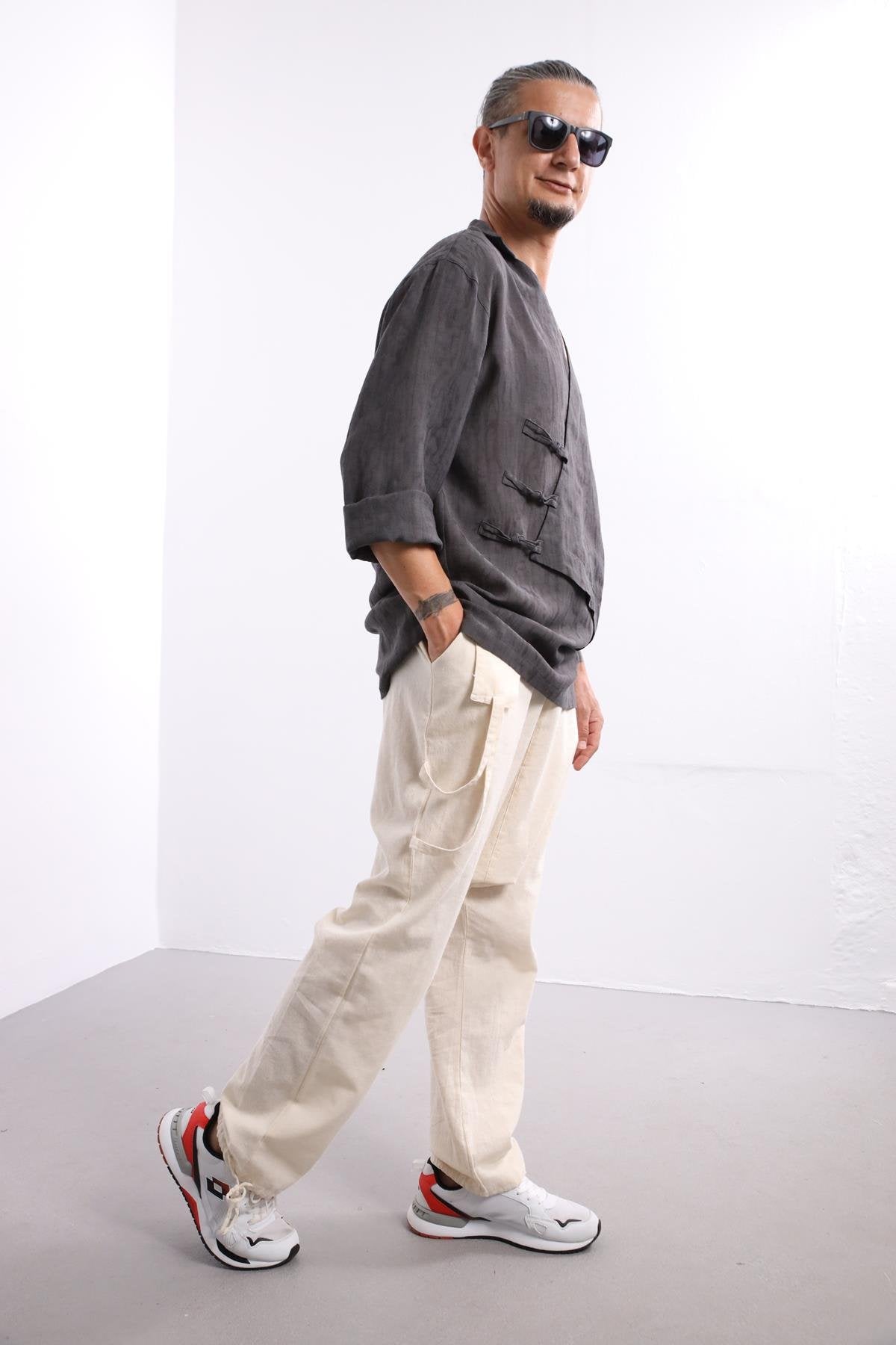 Anthracite Patterned Asymmetrical Linen Shirt