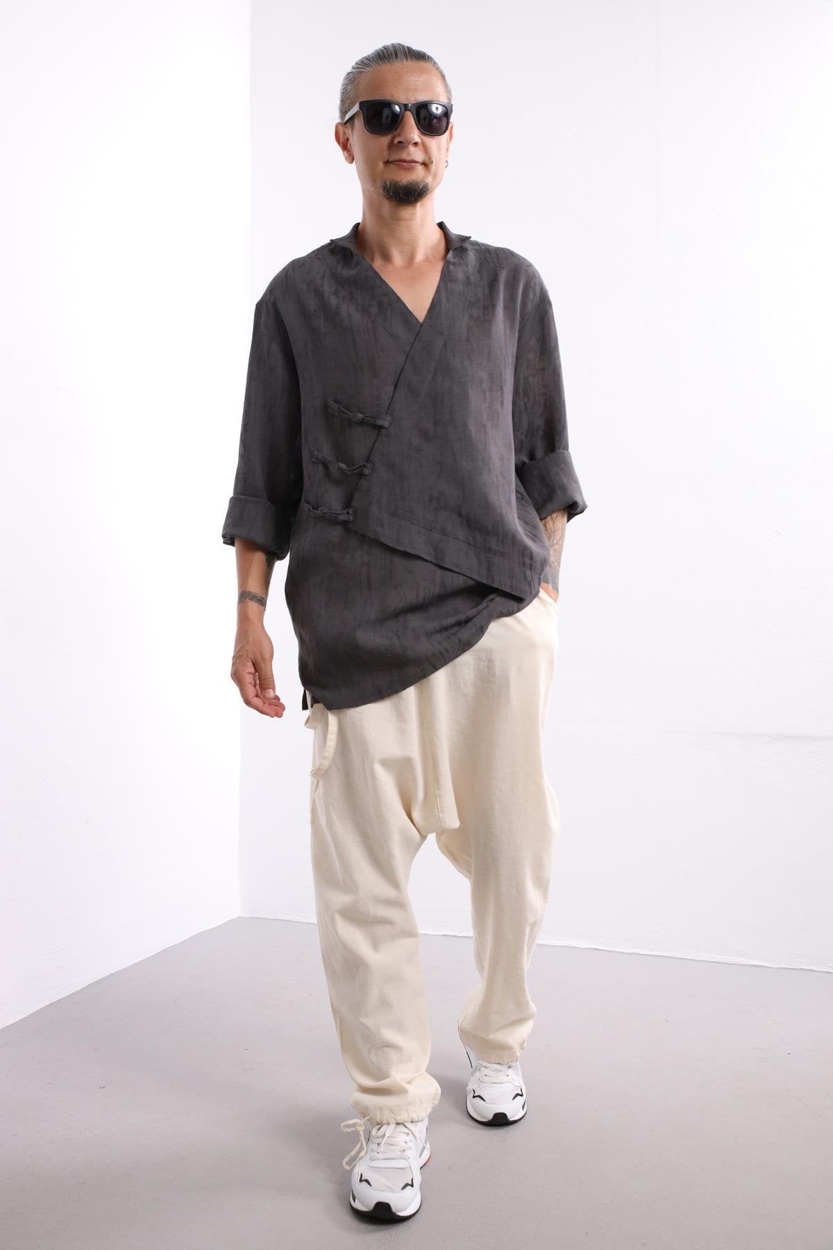 Anthracite Patterned Asymmetrical Linen Shirt