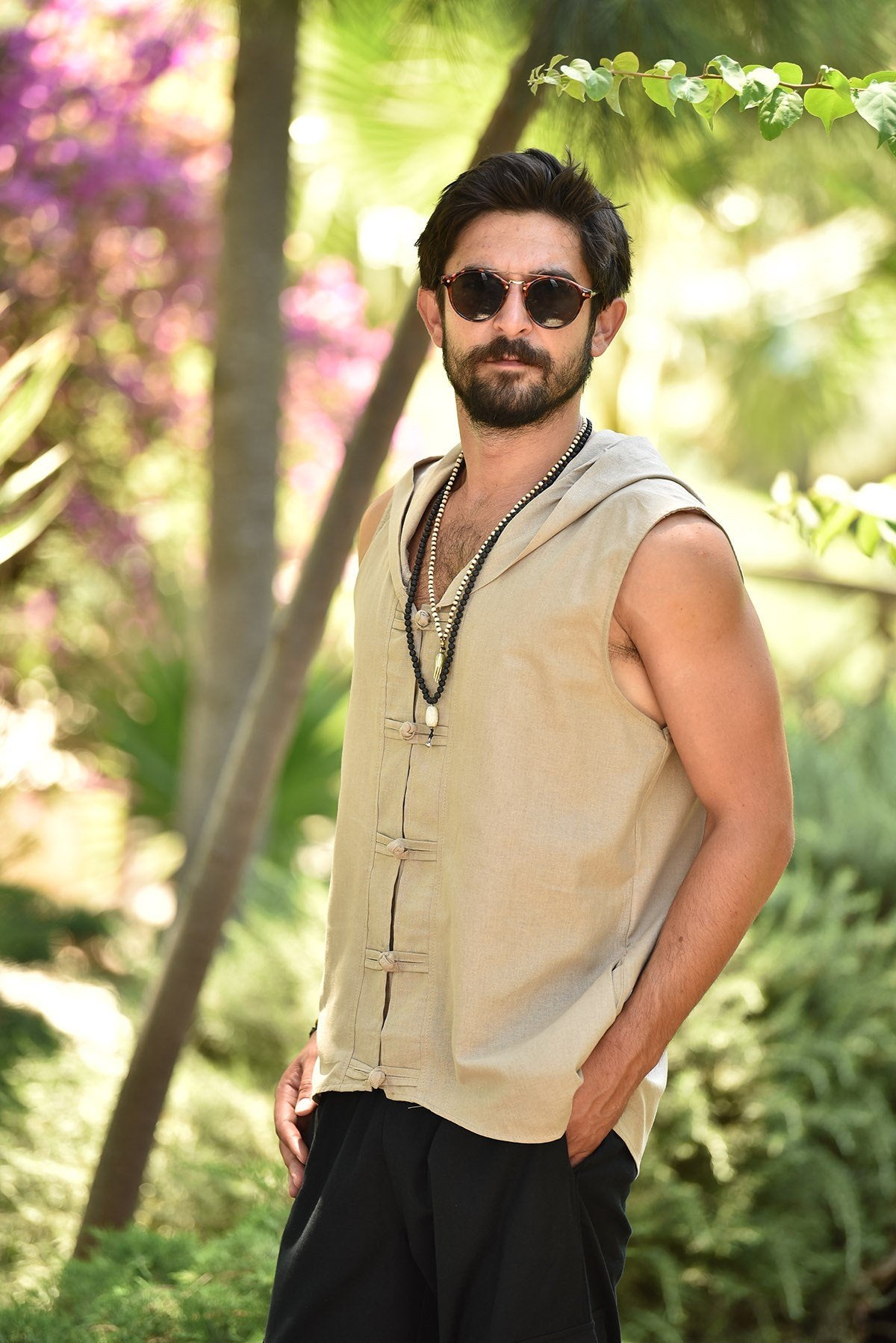 Beige Hooded Sleeveless Shirt