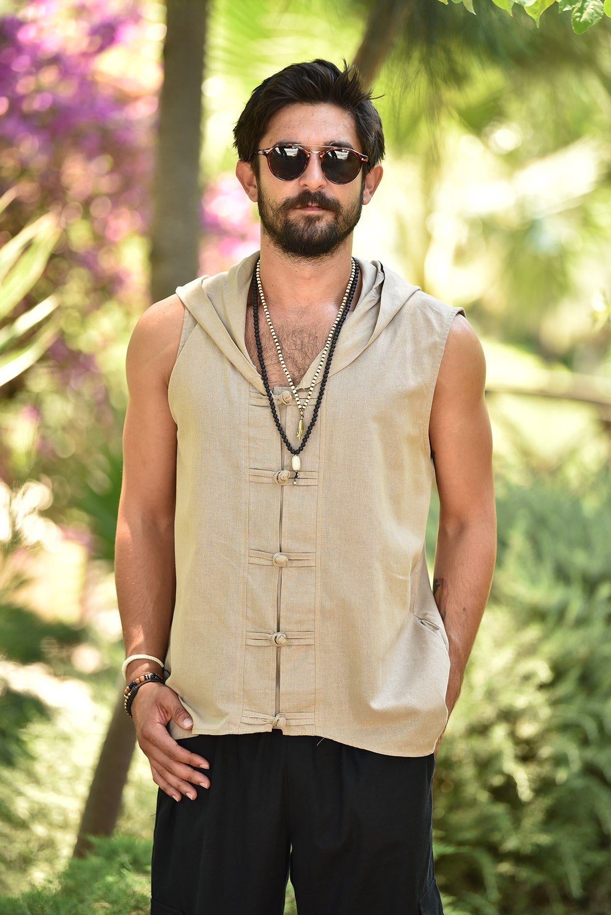 Beige Hooded Sleeveless Shirt