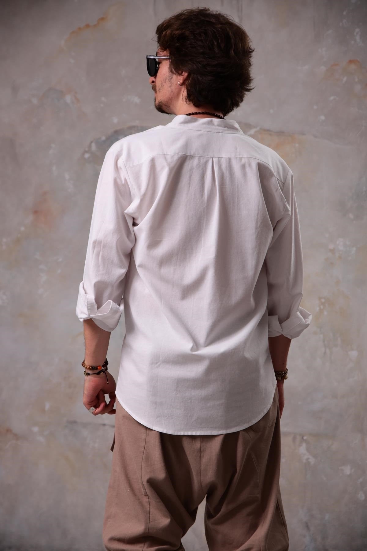 White Mandarin Collar Men's Shirt