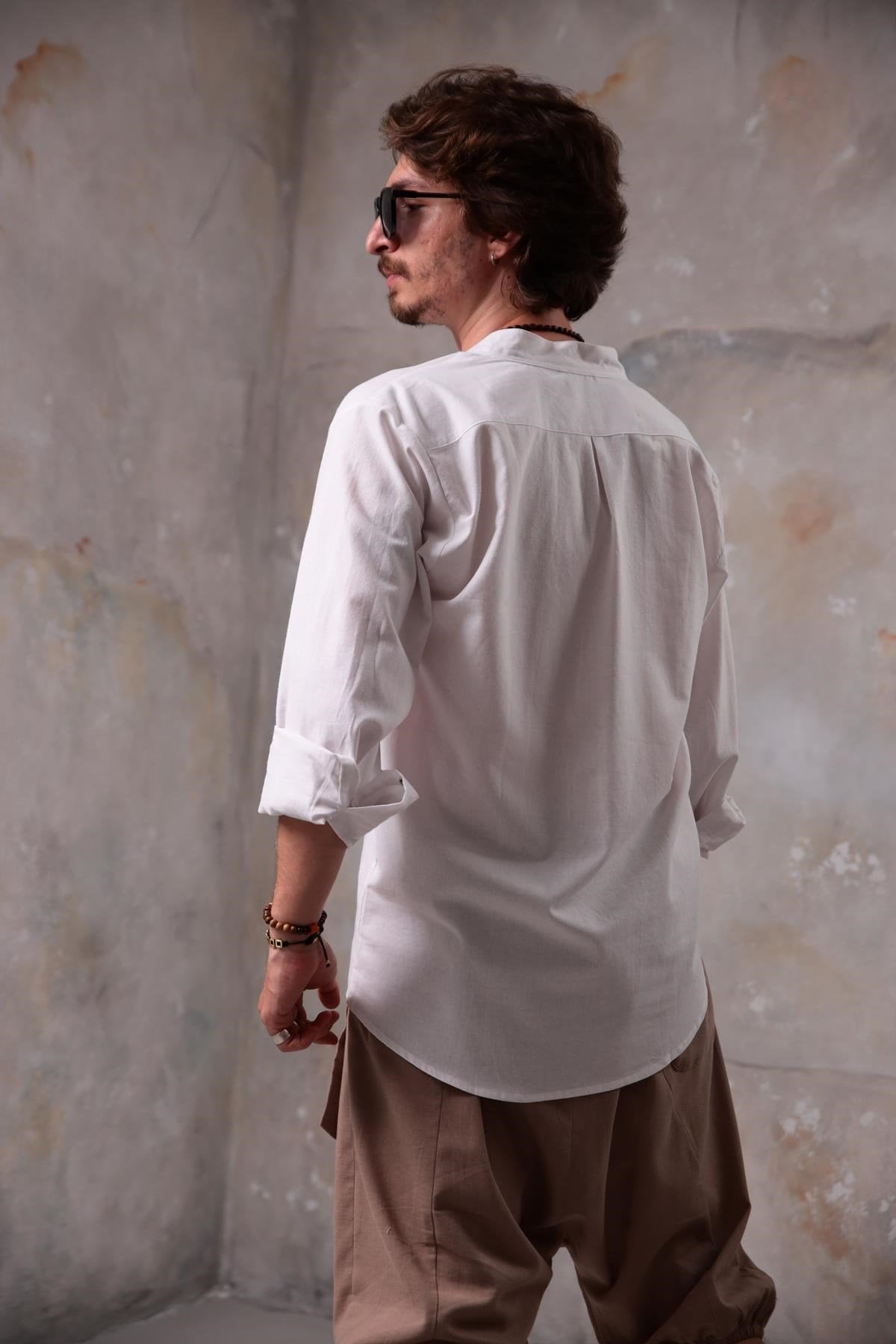 White Mandarin Collar Men's Shirt