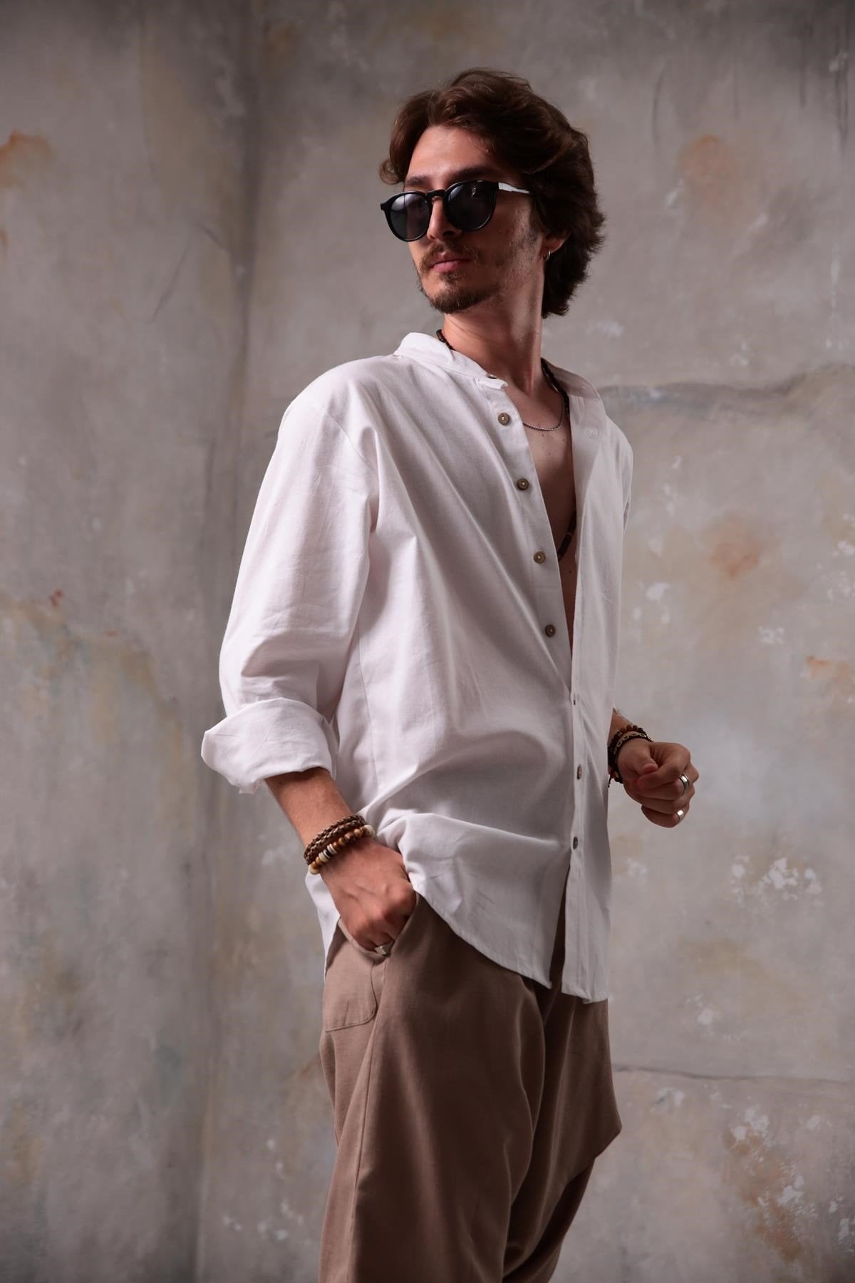 White Mandarin Collar Men's Shirt