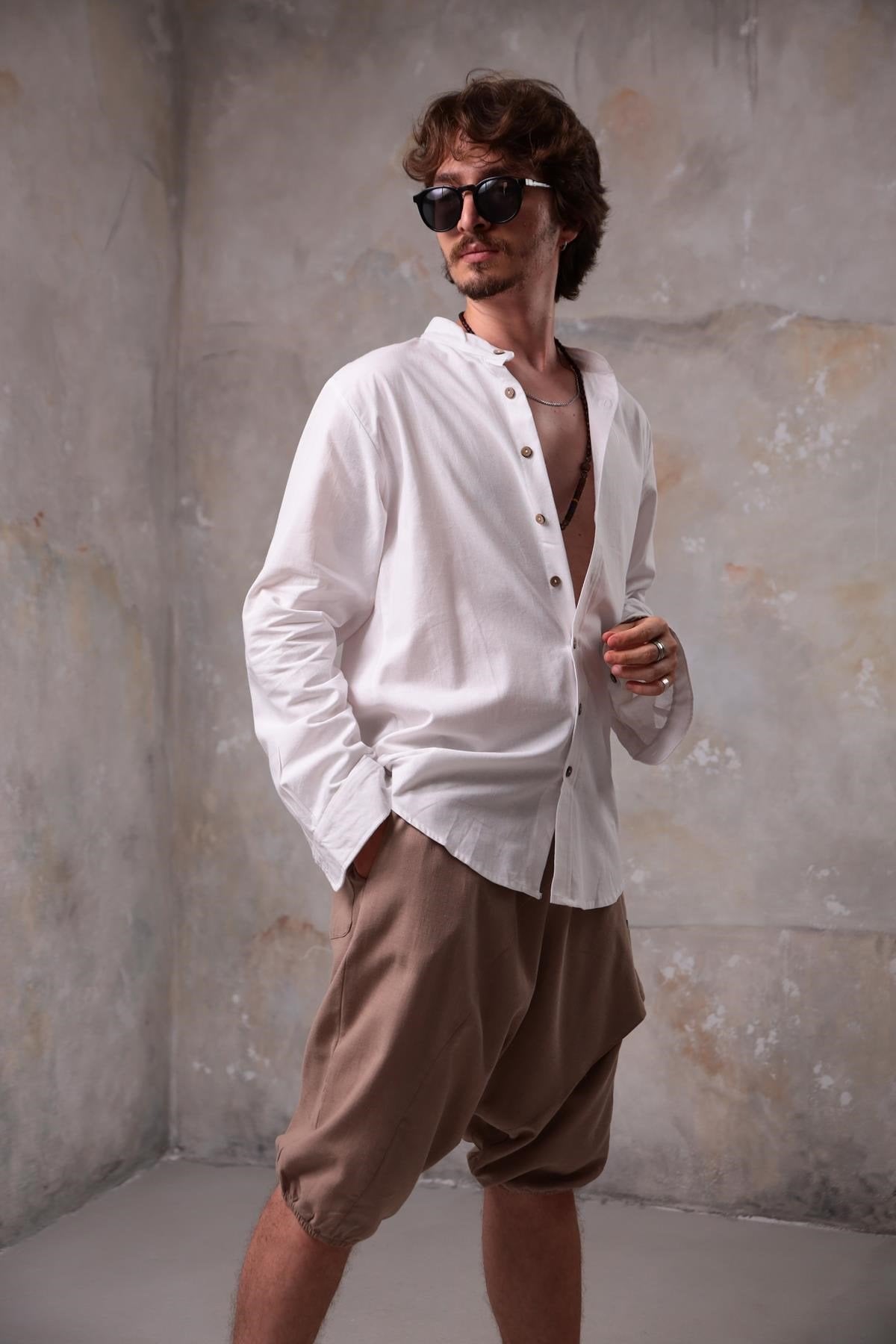 White Mandarin Collar Men's Shirt