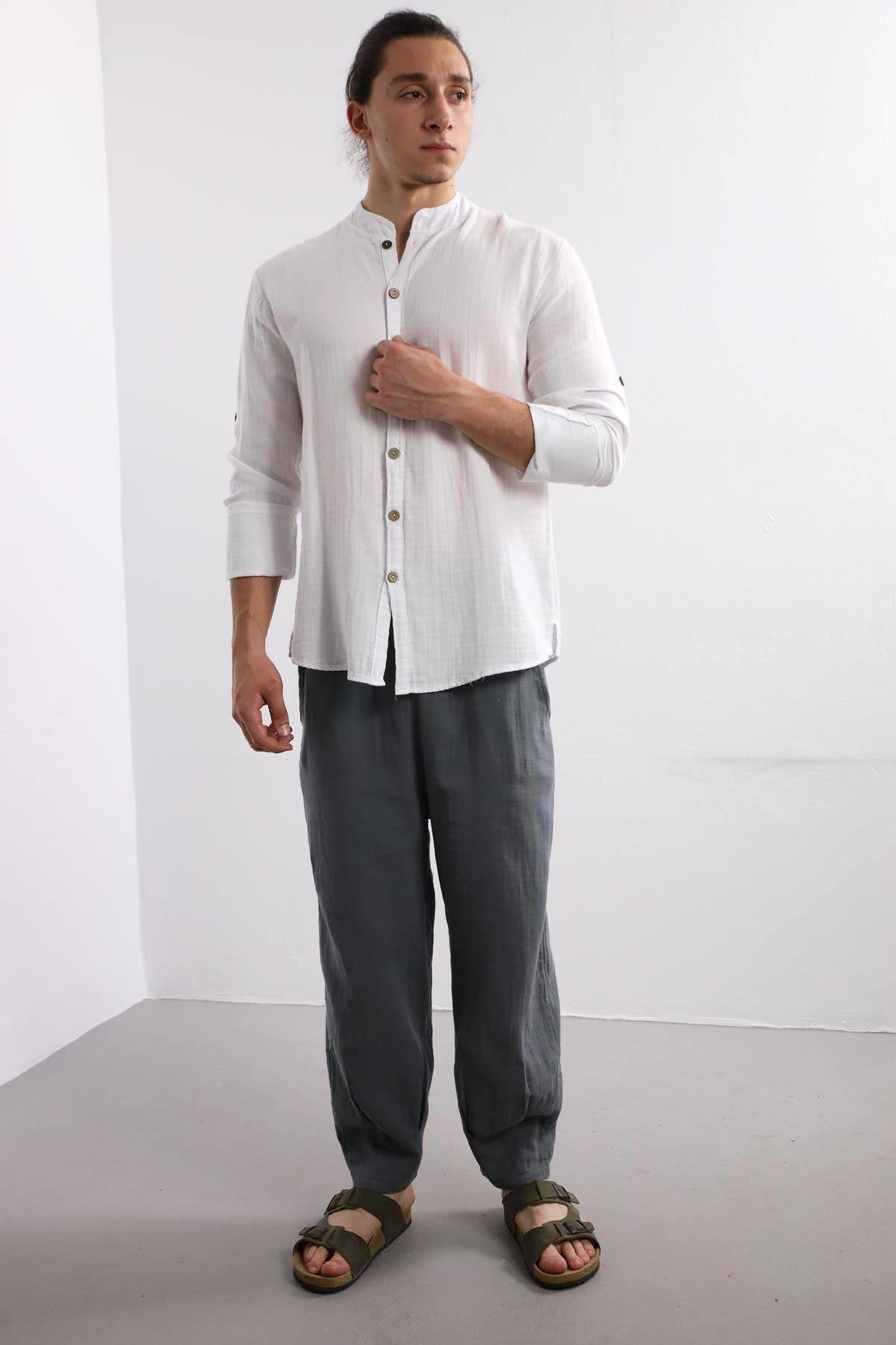 White Mandarin Collar Cotton Shirt