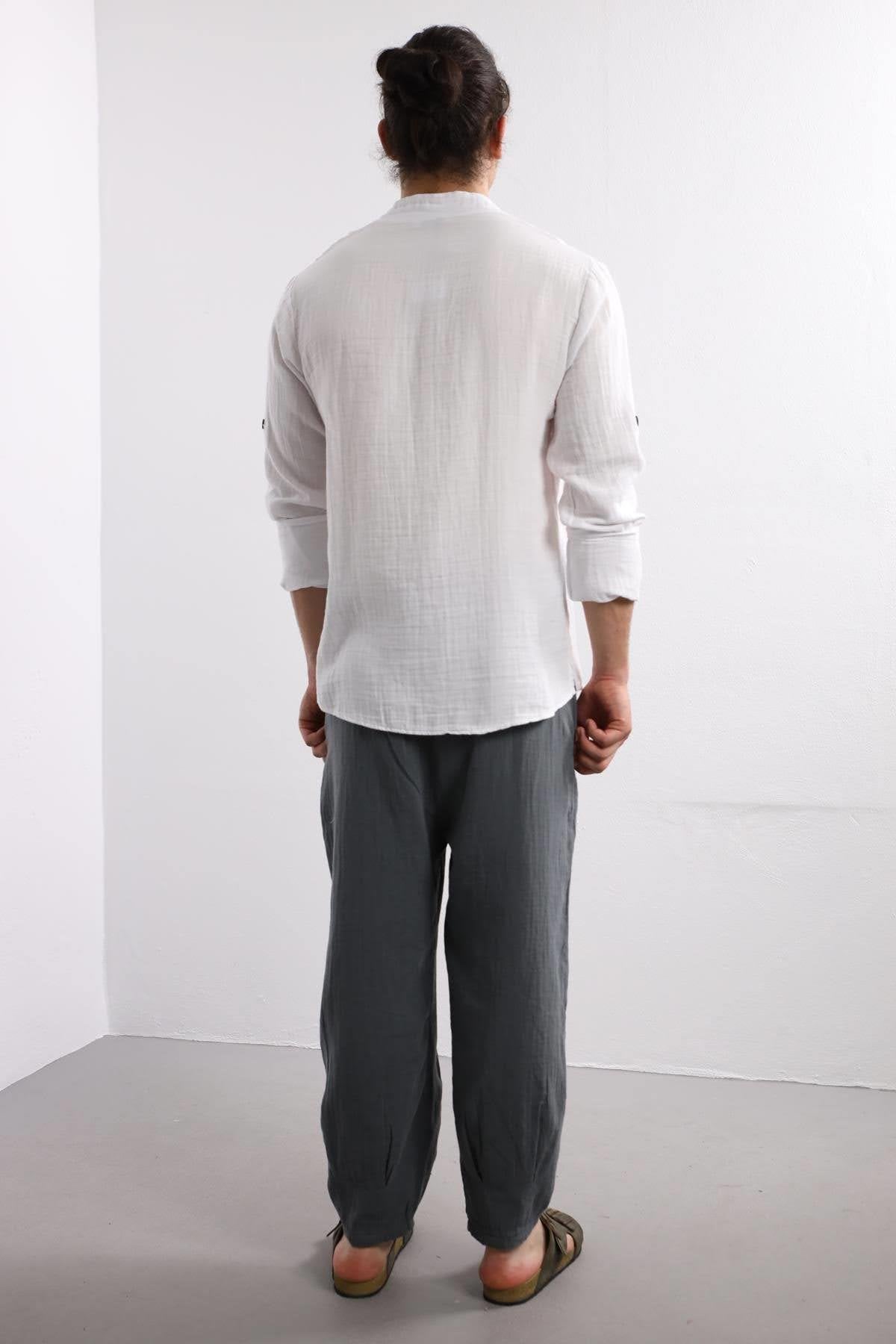 White Mandarin Collar Cotton Shirt