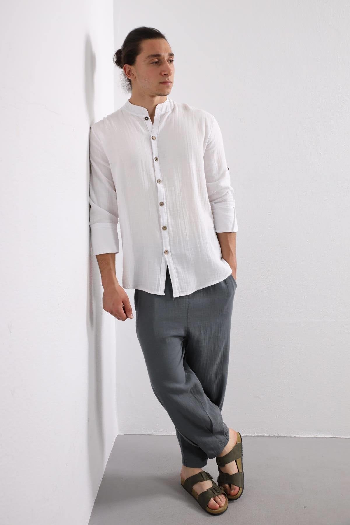 White Mandarin Collar Cotton Shirt