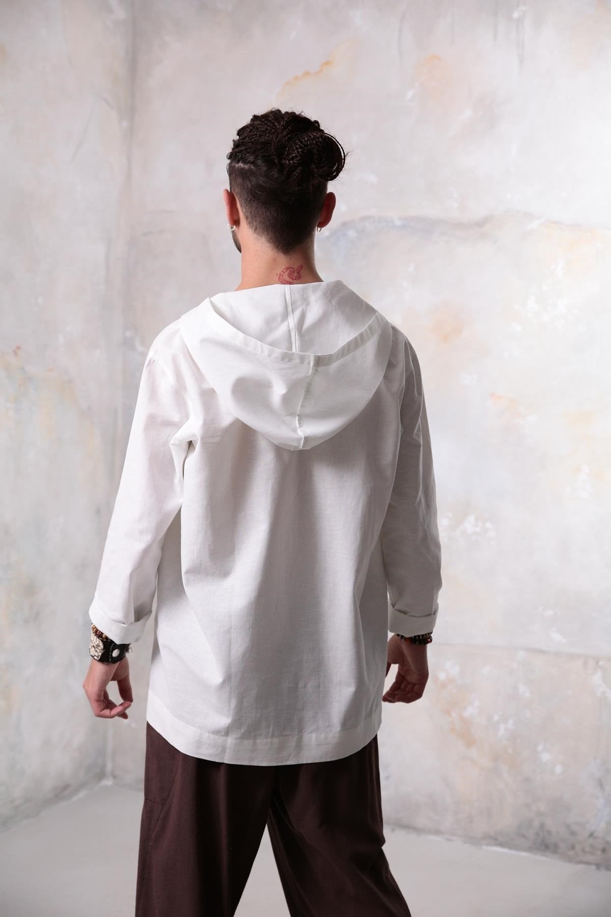 White Long-Sleeved Hooded Men's Shirt