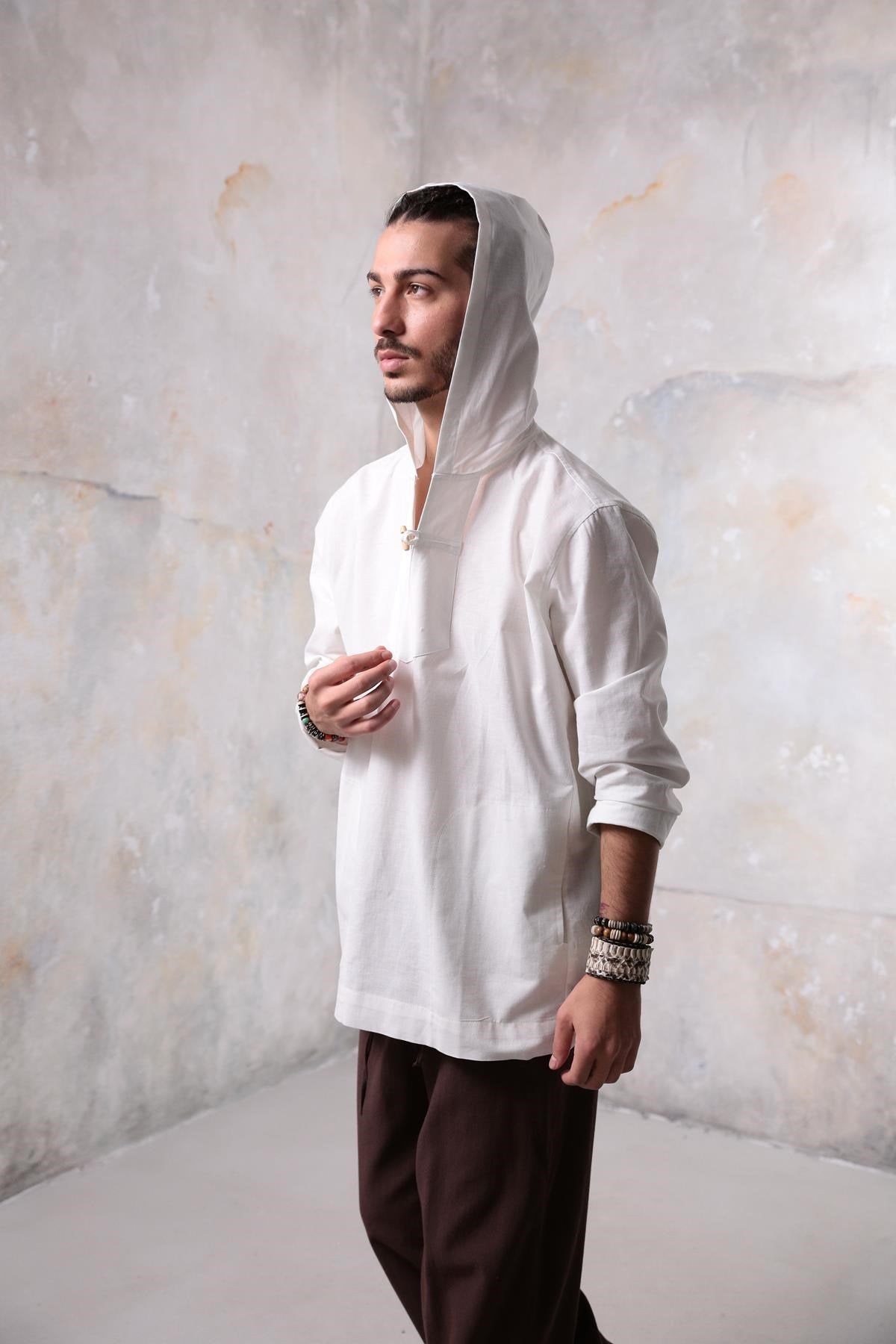 White Long-Sleeved Hooded Men's Shirt