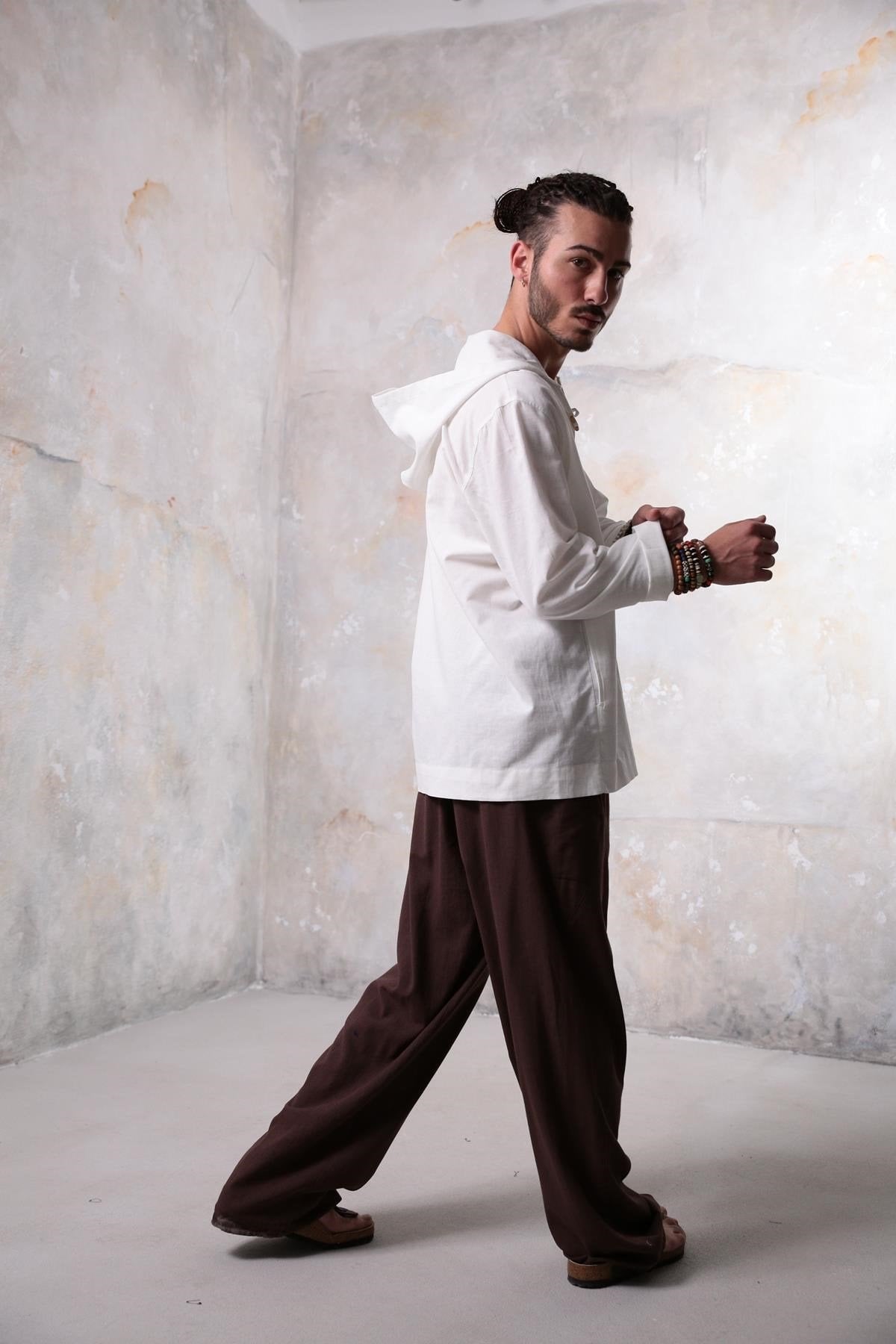 White Long-Sleeved Hooded Men's Shirt