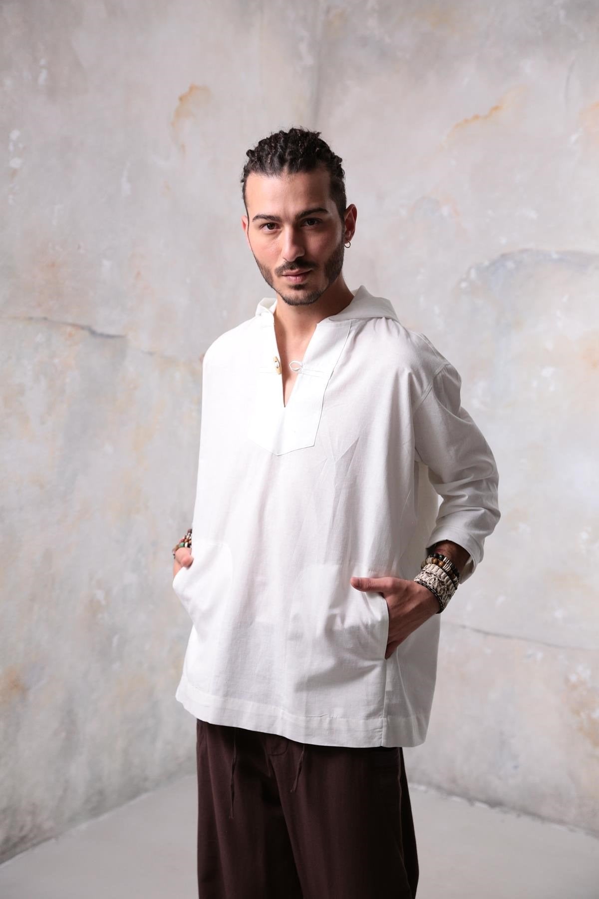 White Long-Sleeved Hooded Men's Shirt