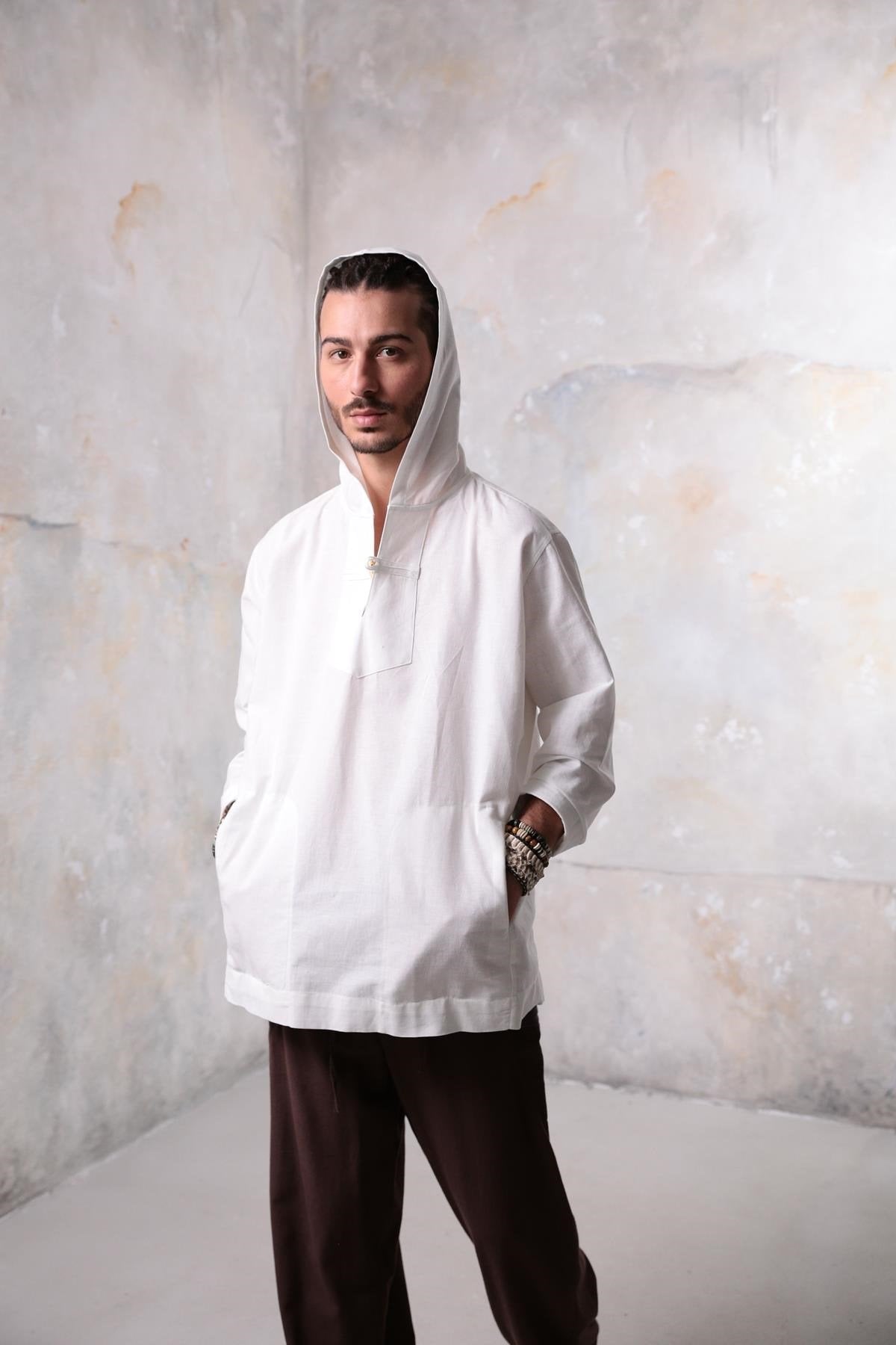 White Long-Sleeved Hooded Men's Shirt