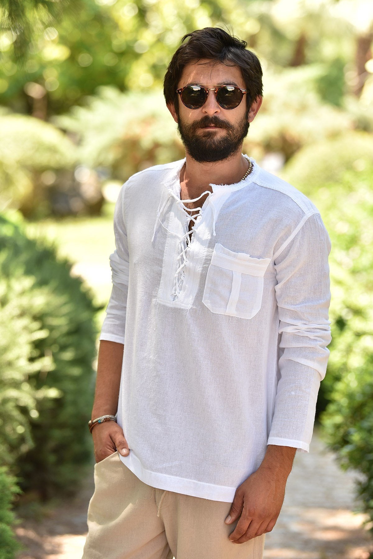 White Lace-Collar Bohemian Men's Shirt