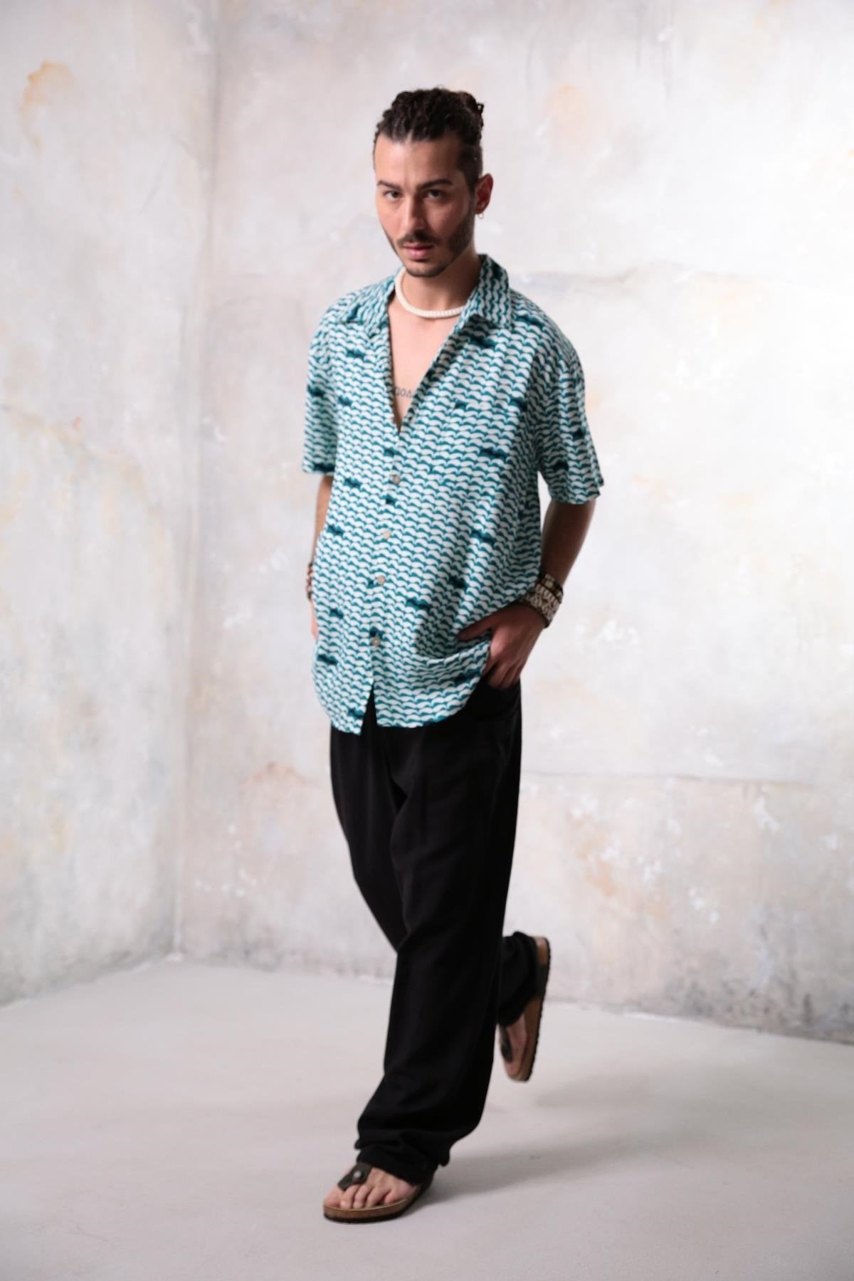 Men's Short-Sleeved Shirt with Mustache Pattern