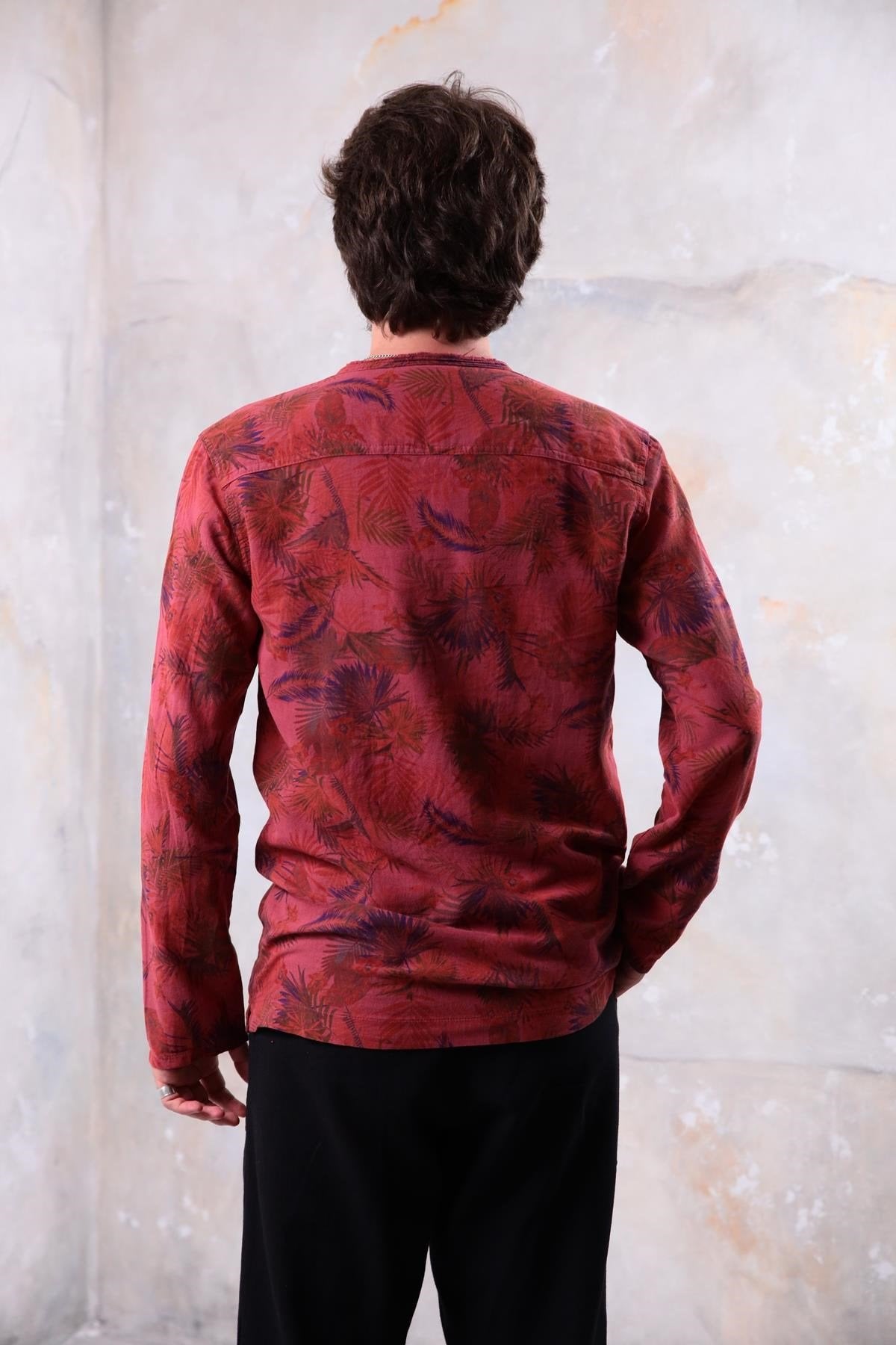 Burgundy Patterned Lace-Up Collar Bohemian Men's Shirt