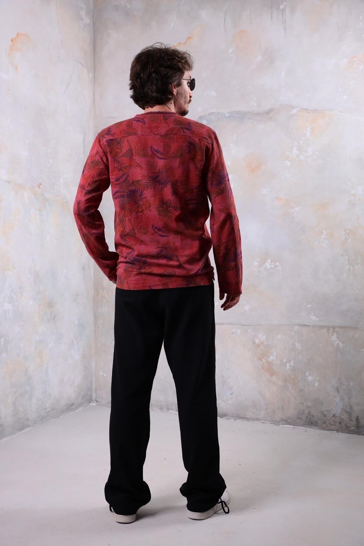 Burgundy Patterned Lace-Up Collar Bohemian Men's Shirt