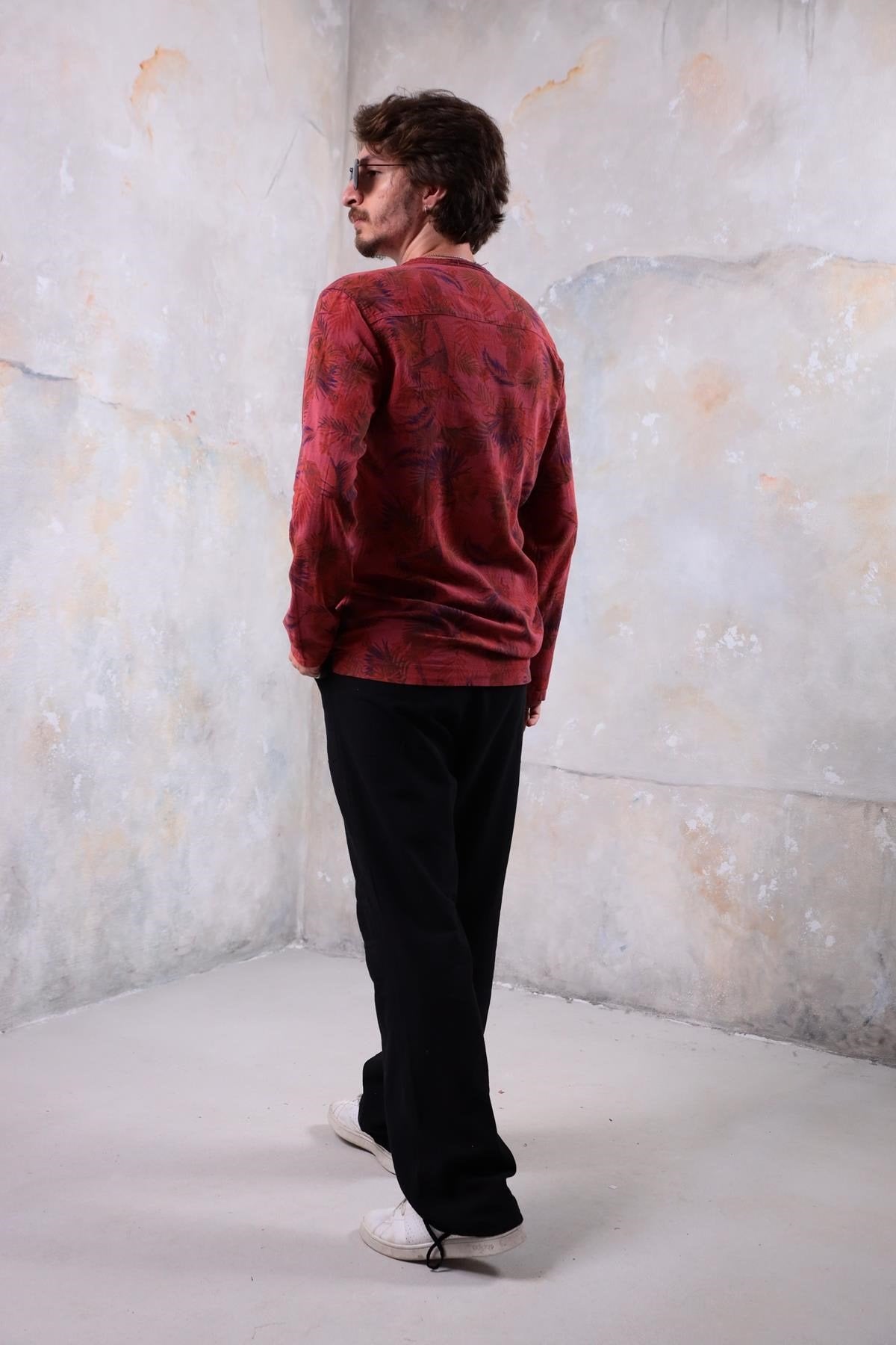 Burgundy Patterned Lace-Up Collar Bohemian Men's Shirt