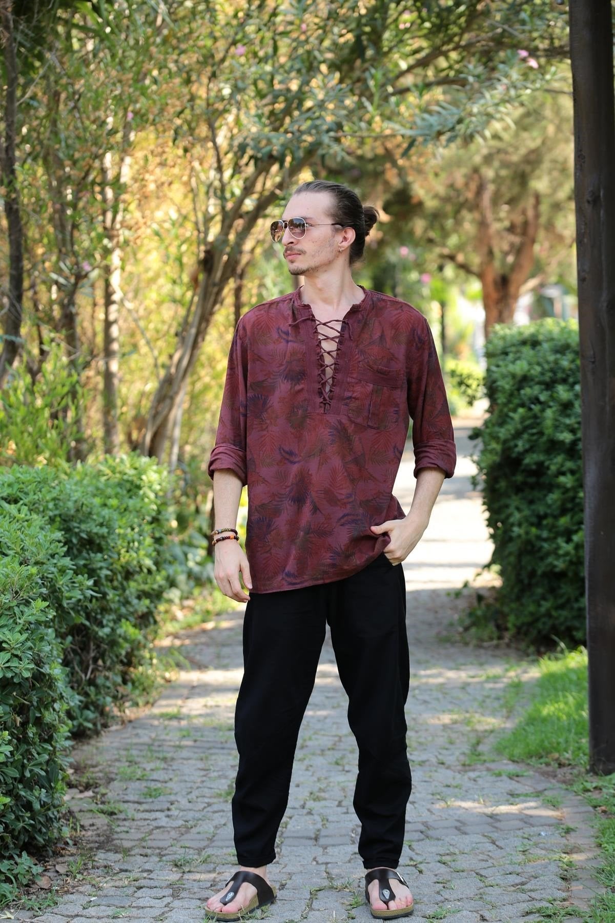 Burgundy Patterned Bohemian Men's Shirt with Lace-up Collar