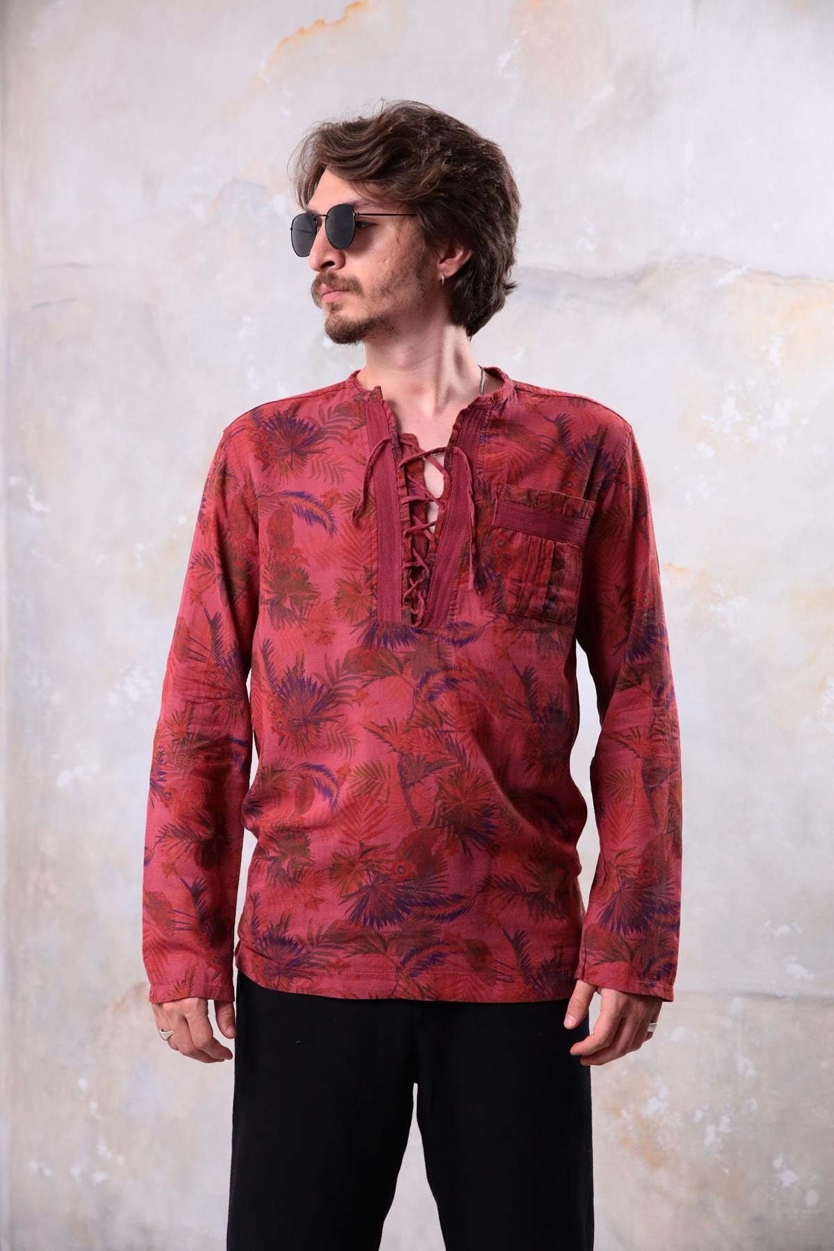 Burgundy Patterned Lace-Up Collar Bohemian Men's Shirt