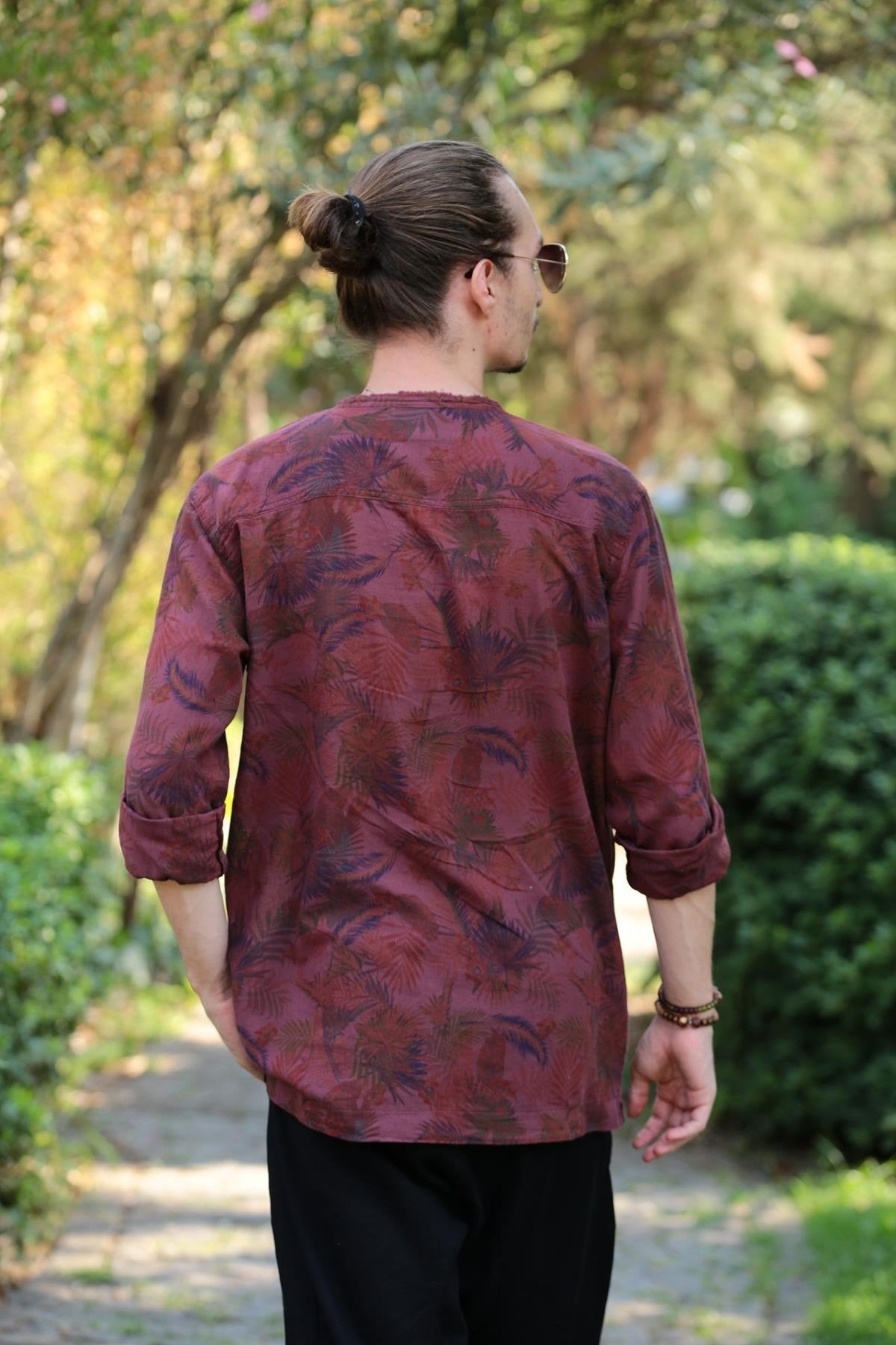 Burgundy Patterned Bohemian Men's Shirt with Lace-up Collar