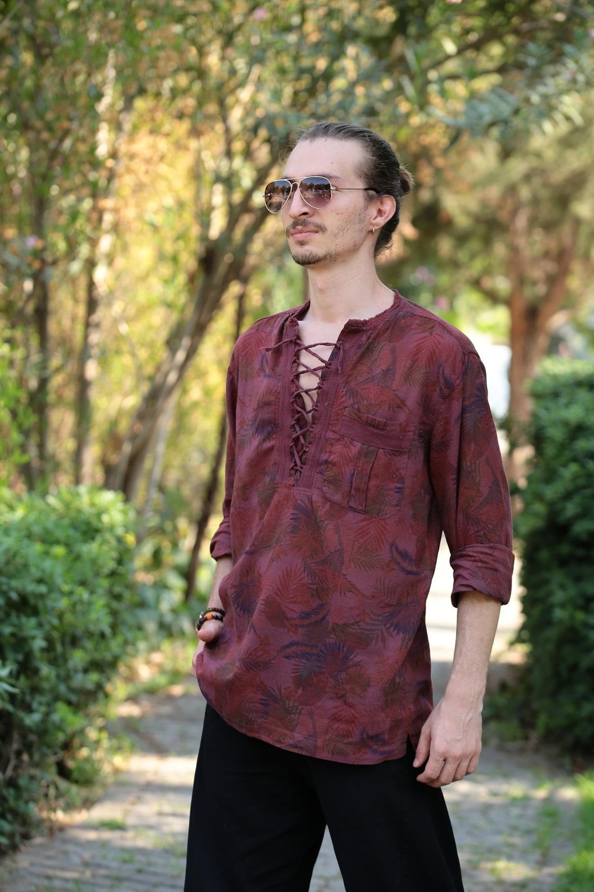 Burgundy Patterned Bohemian Men's Shirt with Lace-up Collar