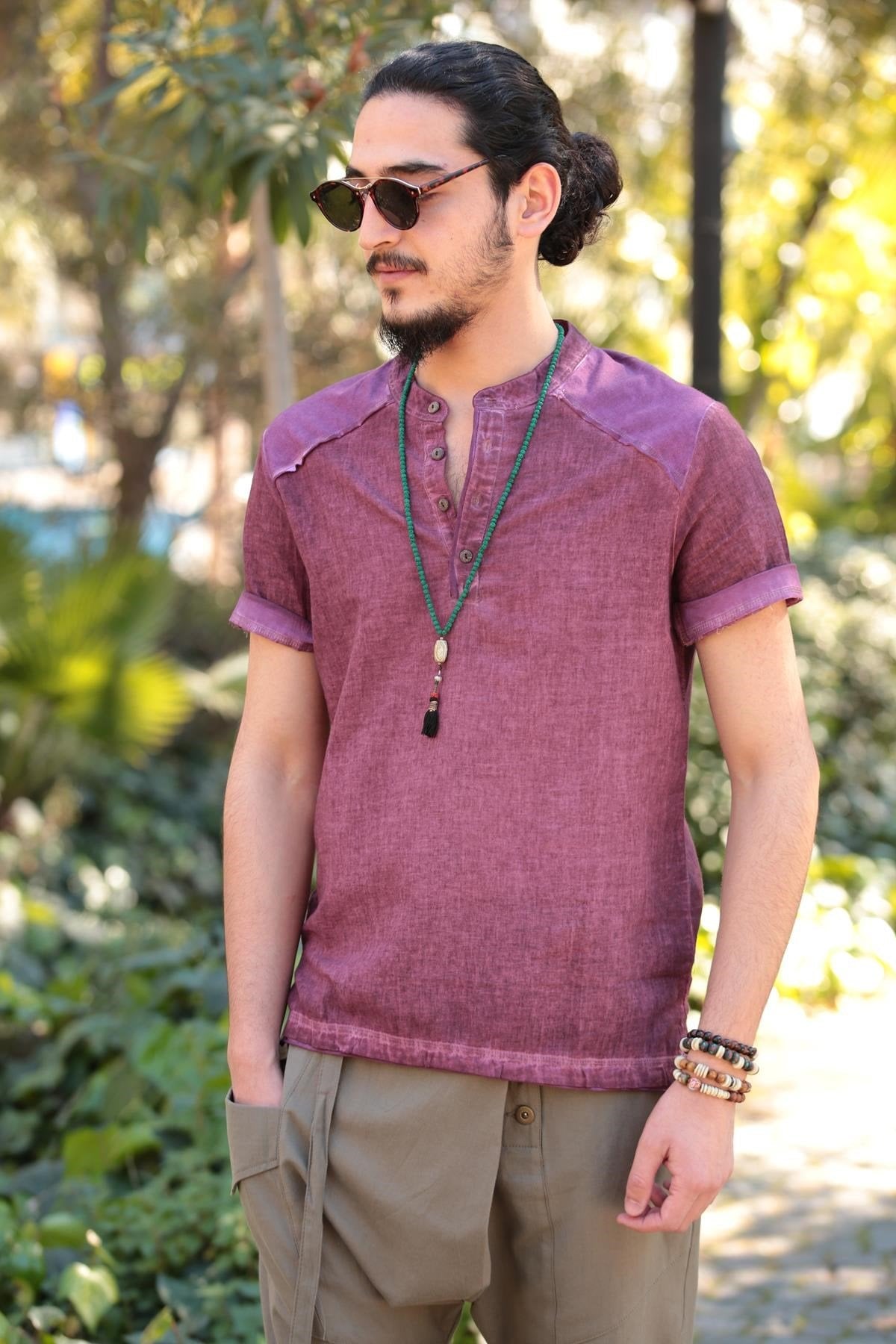 Burgundy Washed Shirt with Stitch Detail