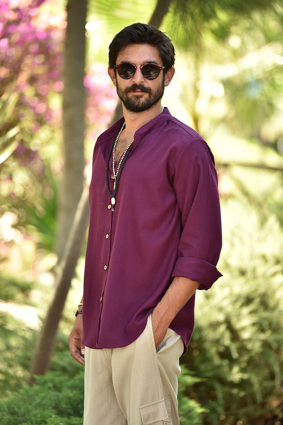 Burgundy Mandarin Collar Men's Shirt