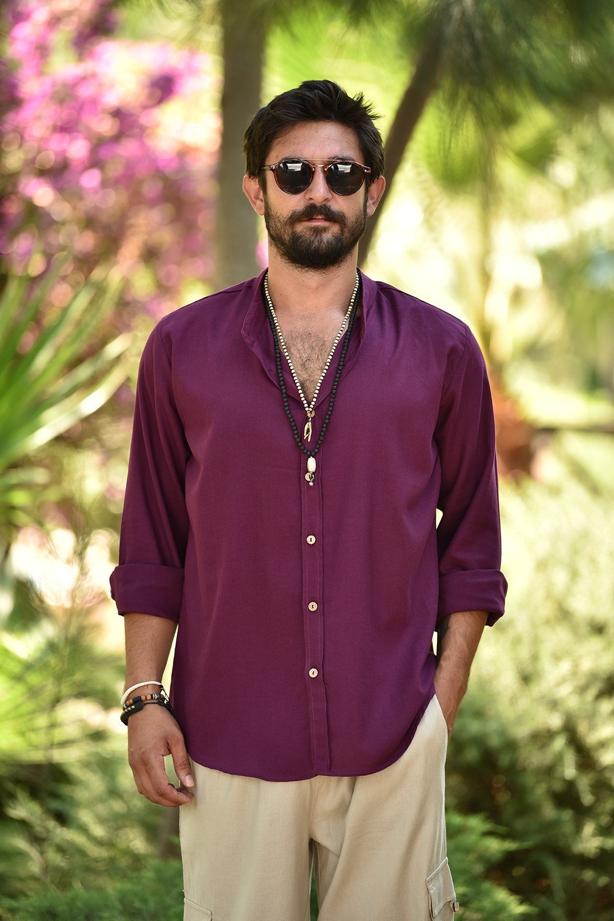 Burgundy Mandarin Collar Men's Shirt