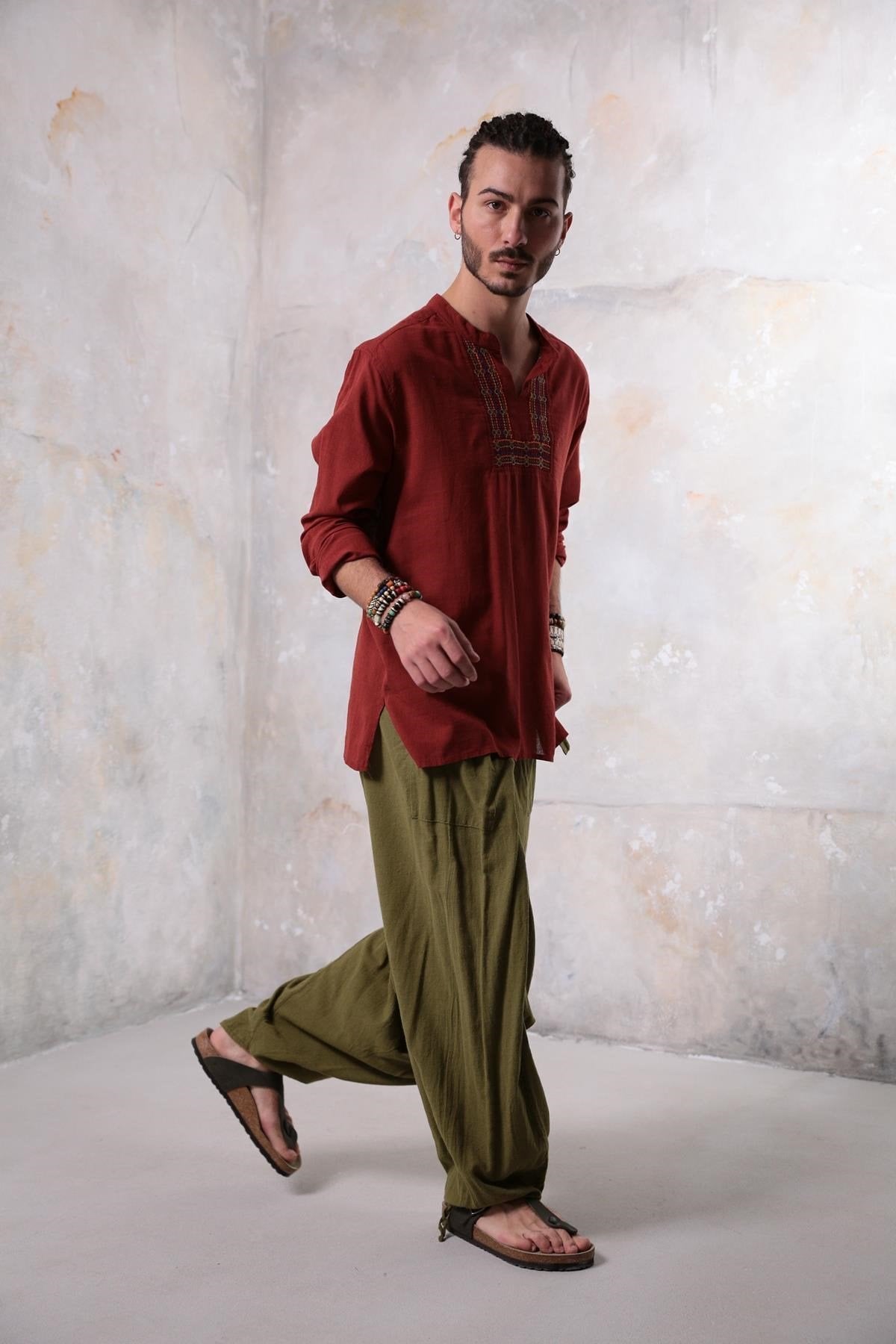 Burgundy Mandarin Collar Embroidery Detailed Cotton Men's Shirt