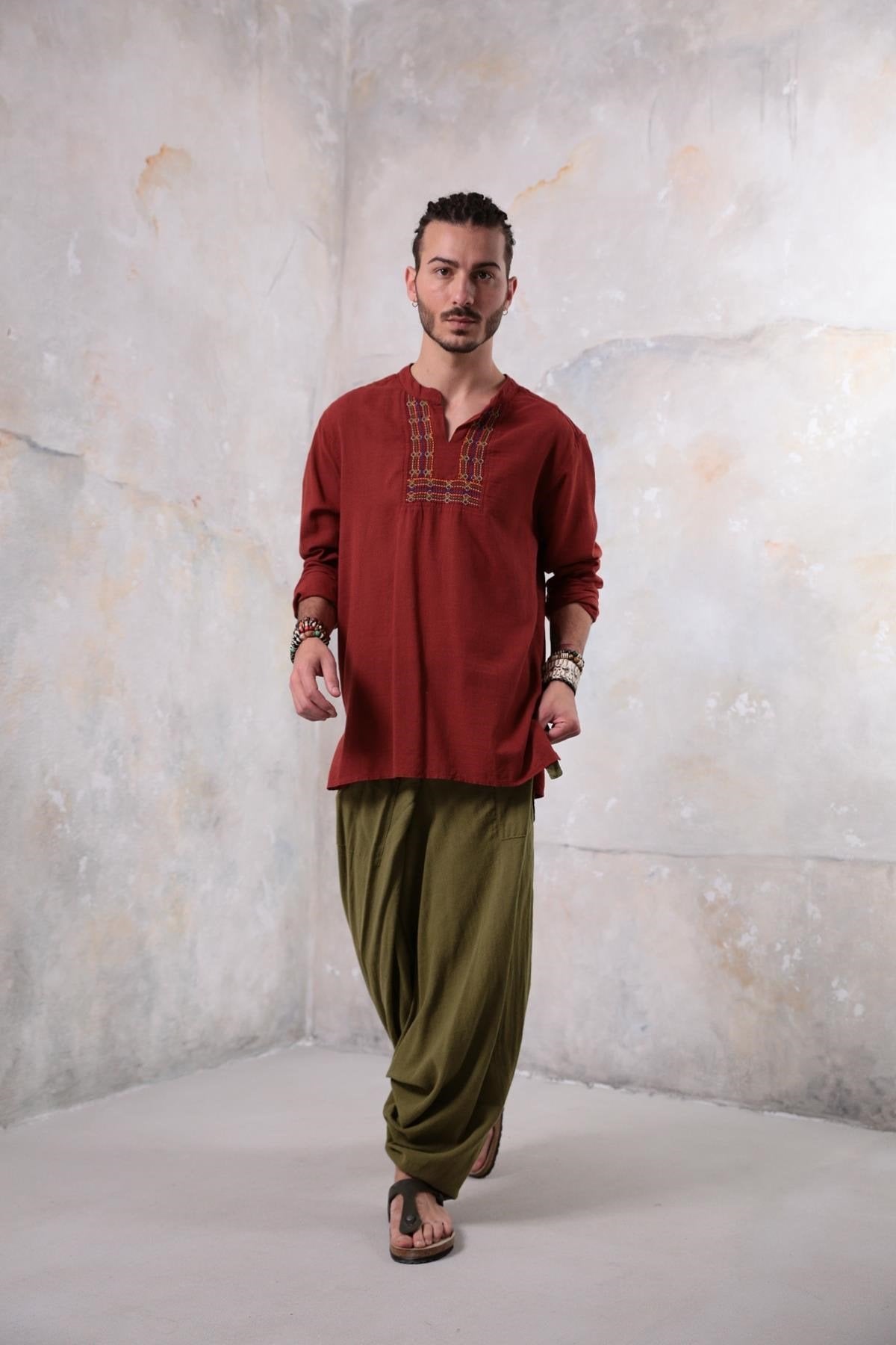 Burgundy Mandarin Collar Embroidery Detailed Cotton Men's Shirt